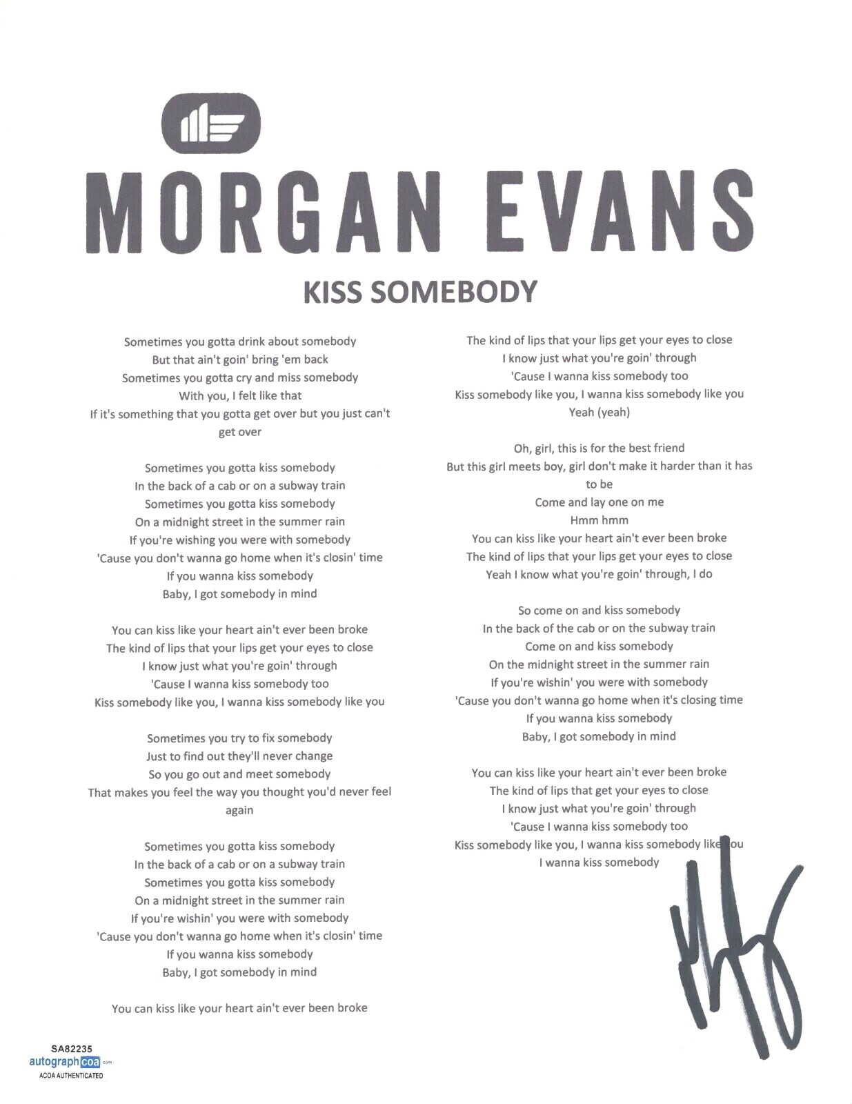 Morgan Evans Signed Autographed Kiss Somebody Lyric Sheet Country Star ACOA COA