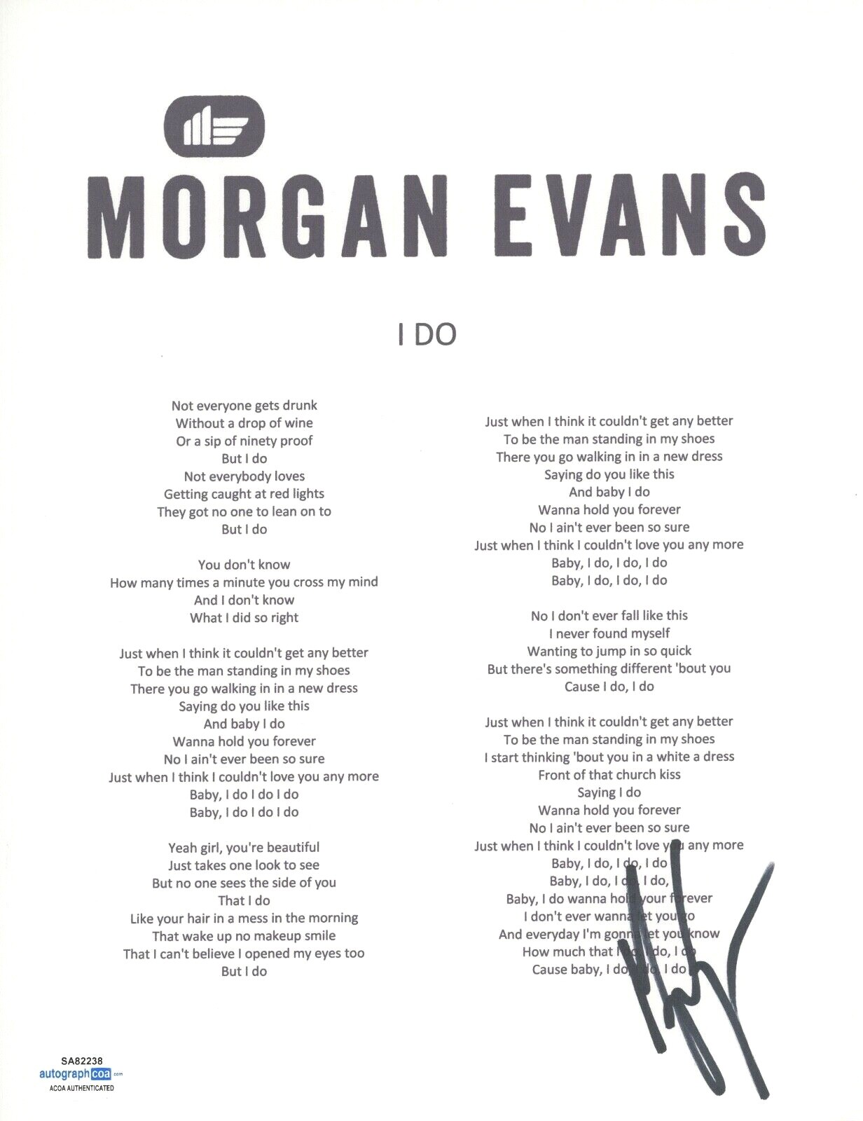 MORGAN EVANS SIGNED AUTOGRAPHED I DO SONG LYRIC SHEET COUNTRY STAR ACOA COA COLLECTIBLE MEMORABILIA