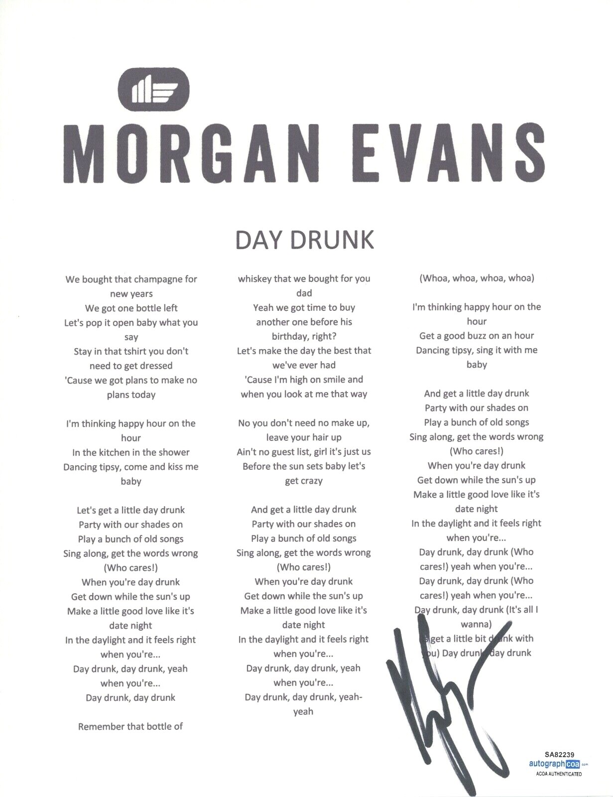 Morgan Evans Signed Autographed Day Drunk Song Lyric Sheet Country Star ACOA COA