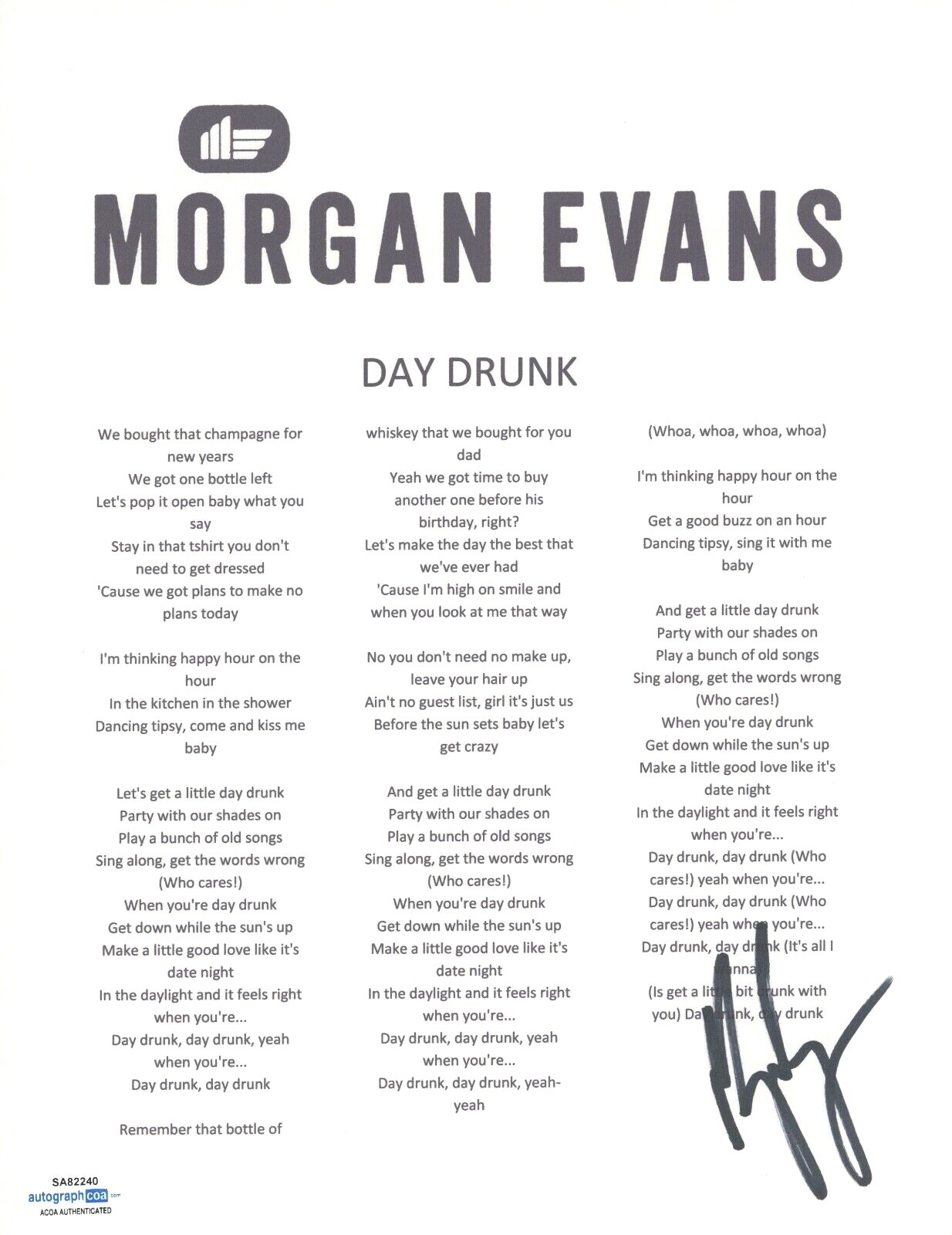 Morgan Evans Signed Autographed Day Drunk Song Lyric Sheet Country Star ACOA COA