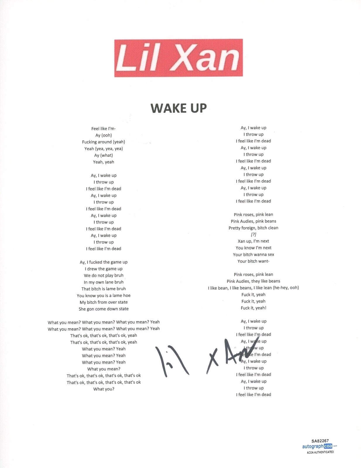 LIL XAN SIGNED AUTOGRAPHED WAKE UP SONG LYRIC SHEET DIEGO LEANOS ACOA COA COLLECTIBLE MEMORABILIA