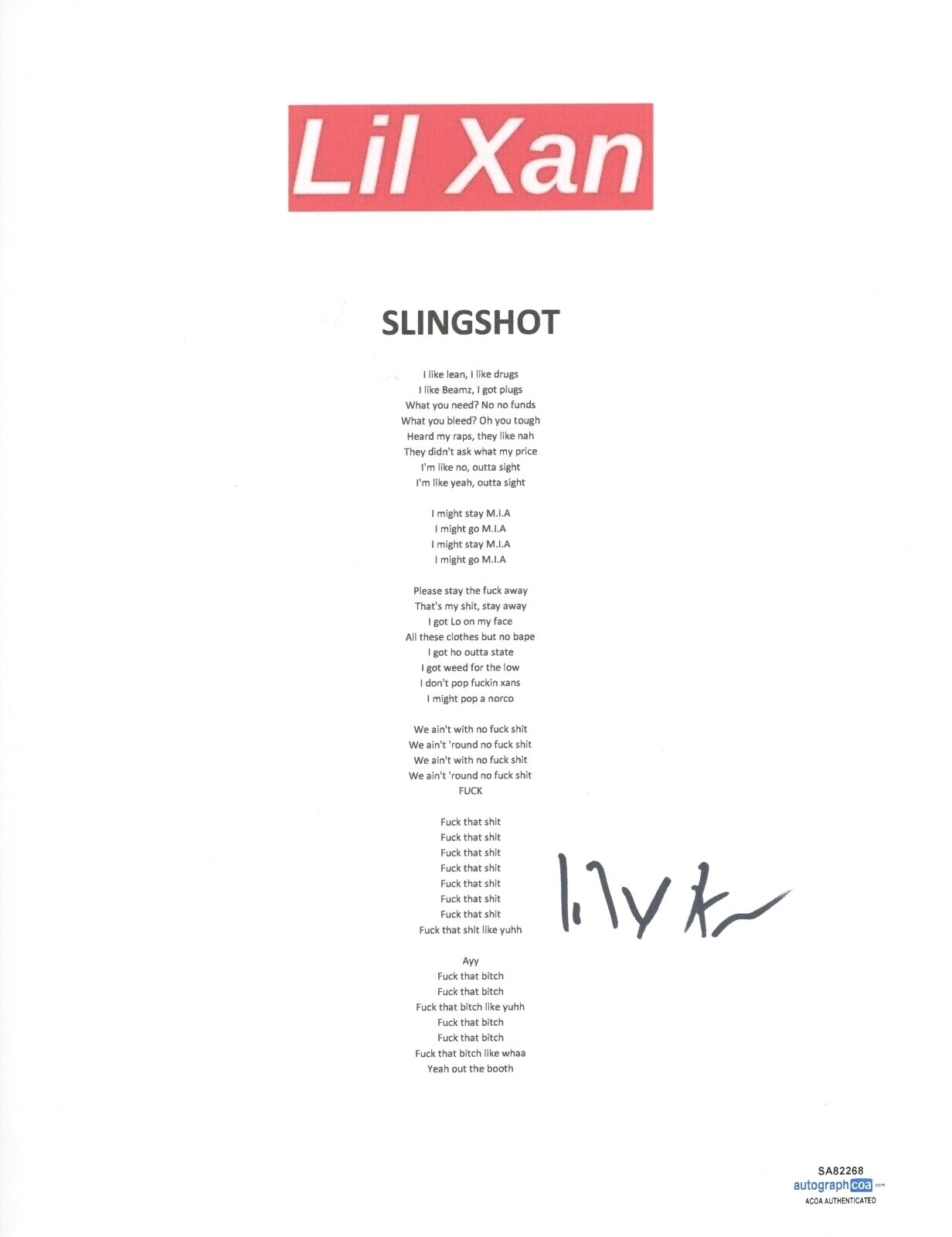 Lil Xan Signed Autographed Slingshot Song Lyric Sheet Diego Leanos ACOA COA