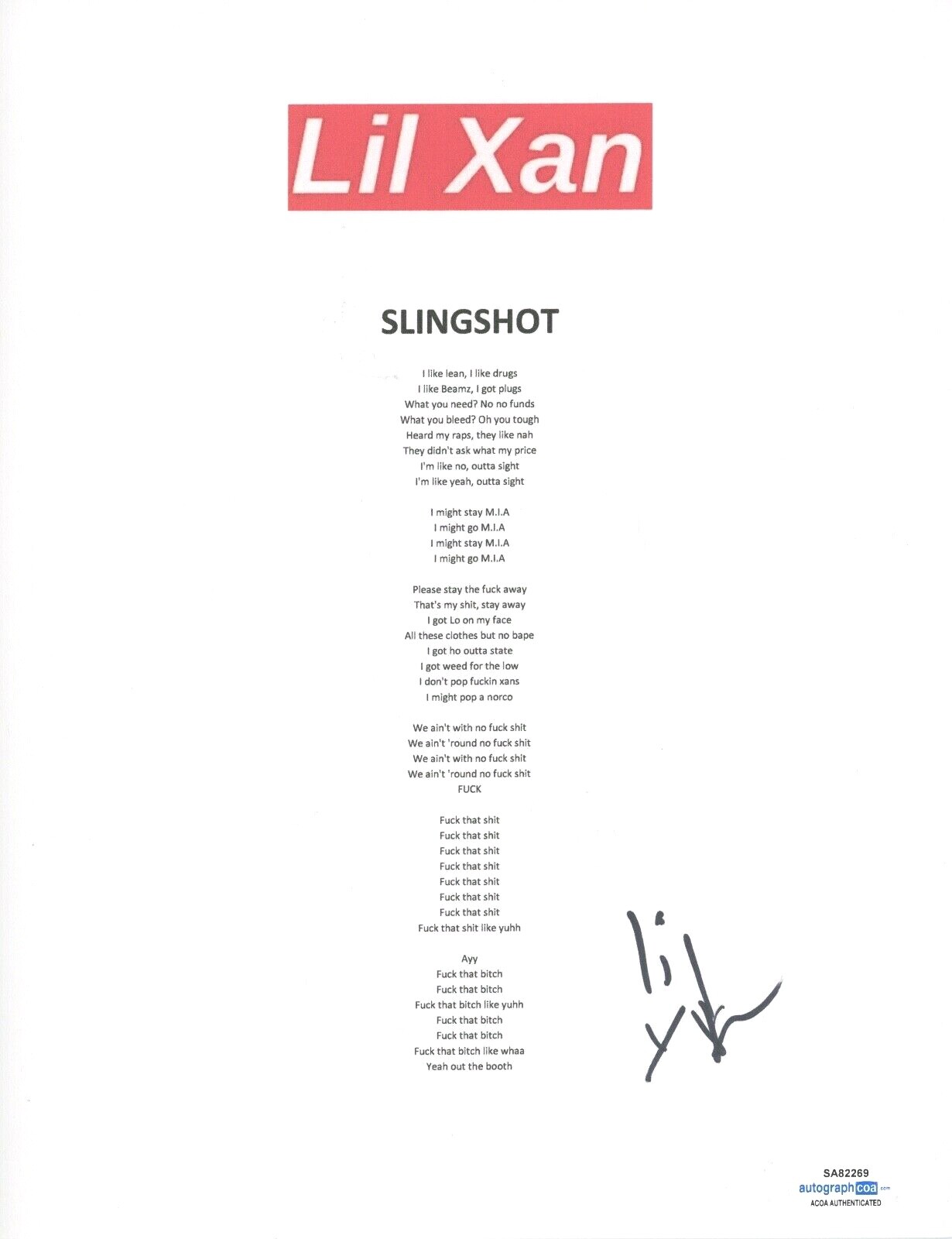 Lil Xan Signed Autographed Slingshot Song Lyric Sheet Diego Leanos ACOA COA