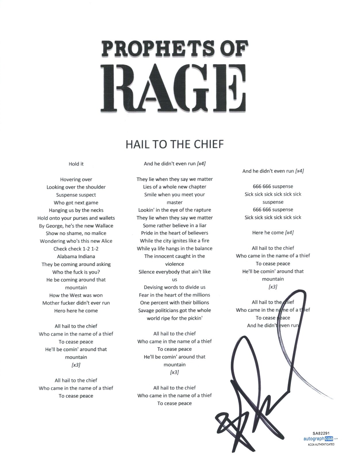 B-REAL SIGNED AUTOGRAPH PROPHETS OF RAGE HAIL TO THE CHIEF LYRIC SHEET ACOA COA COLLECTIBLE MEMORABILIA