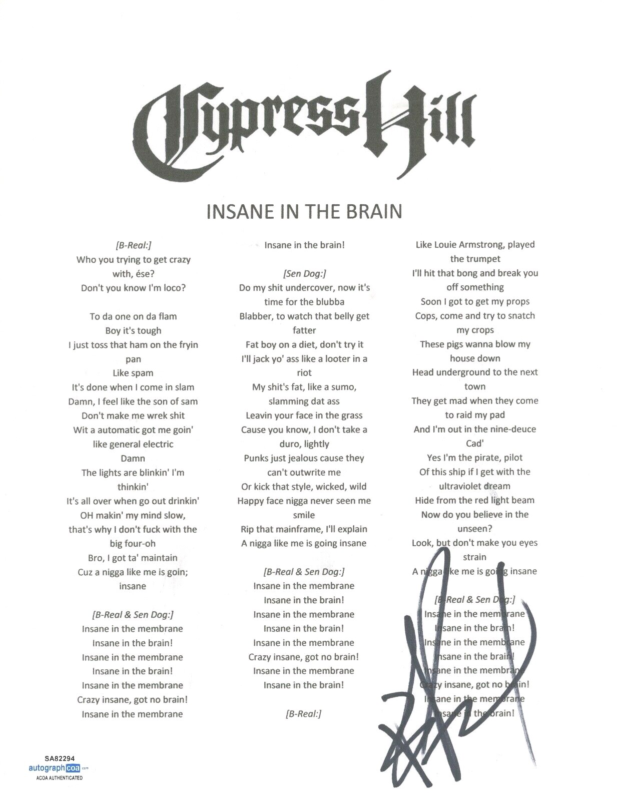 B-REAL SIGNED AUTOGRAPHED CYPRESS HILL INSANE IN THE BRAIN LYRIC SHEET ACOA COA COLLECTIBLE MEMORABILIA