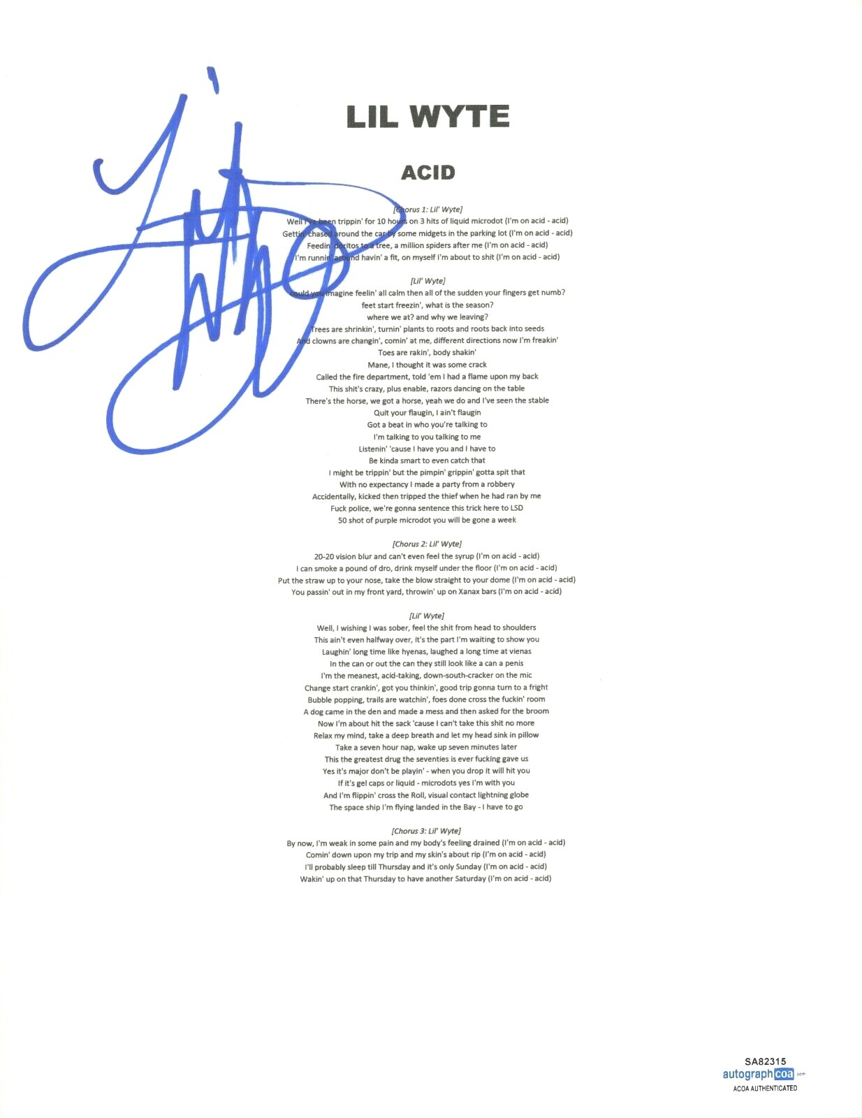 Lil Wyte Signed Autographed Acid Song Lyric Sheet Rapper ACOA COA