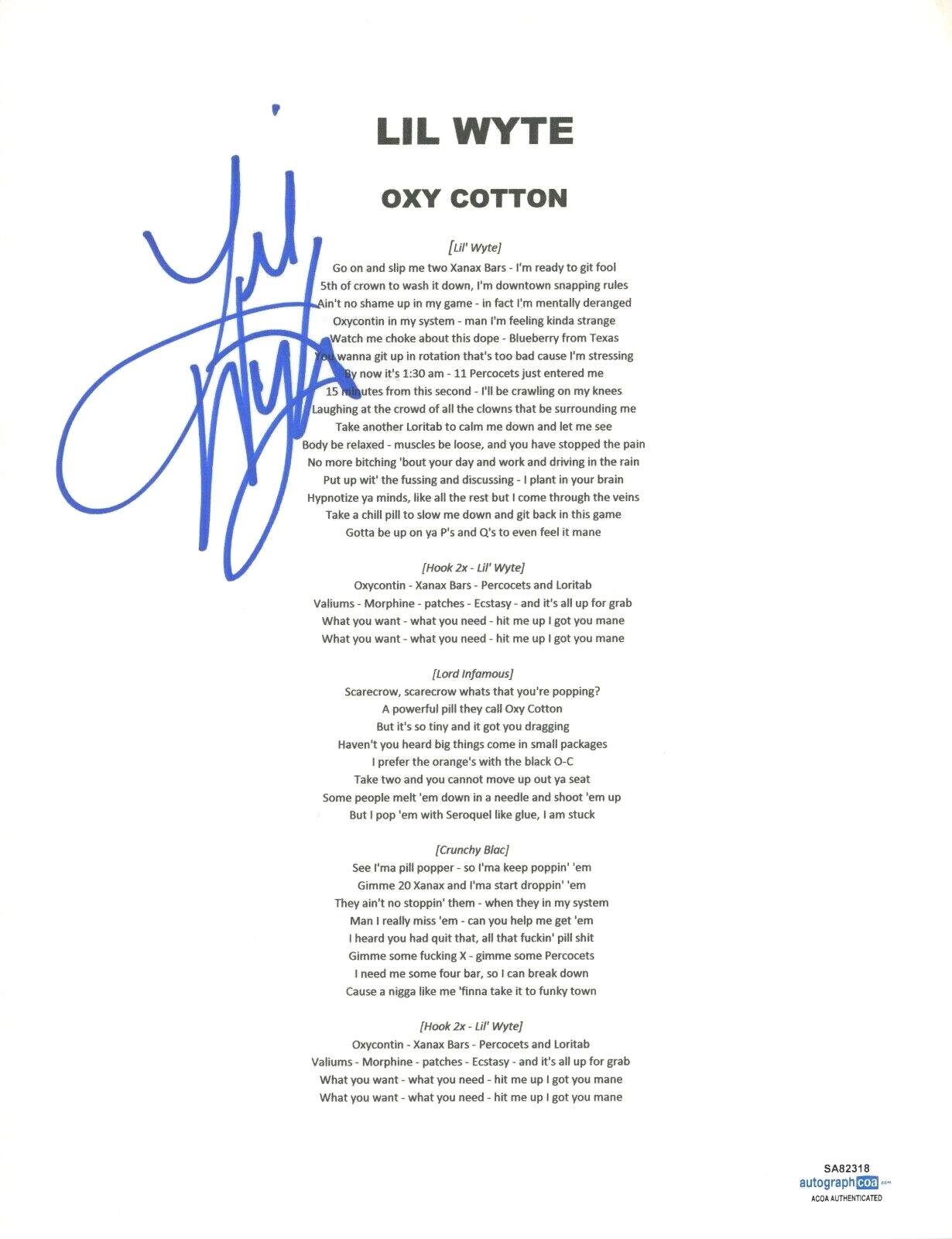 Lil Wyte Signed Autographed Oxy Cotton Song Lyric Sheet Rapper ACOA COA