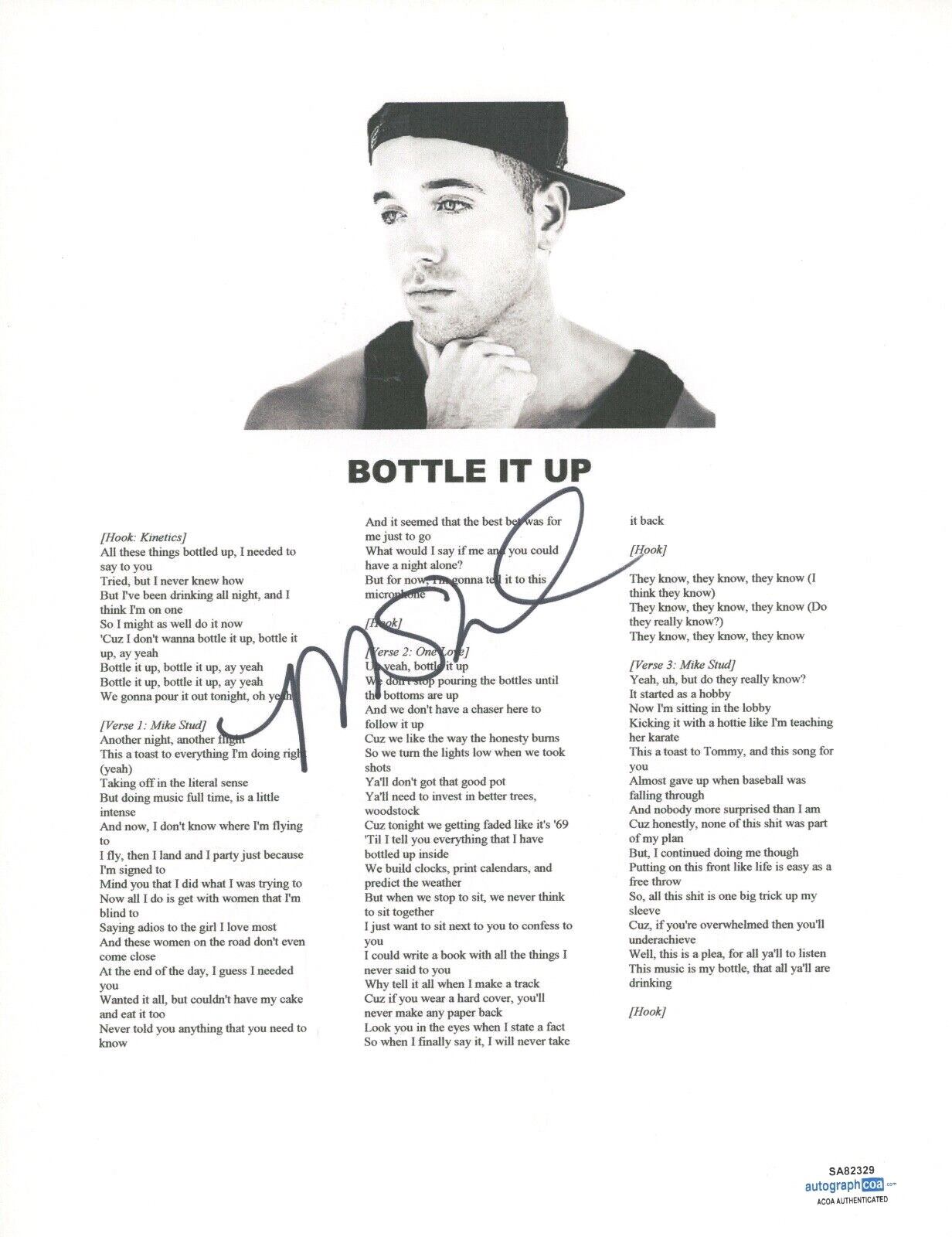 Mike Stud Signed Autographed Bottle It Up Song Lyric Sheet Rapper ACOA COA
