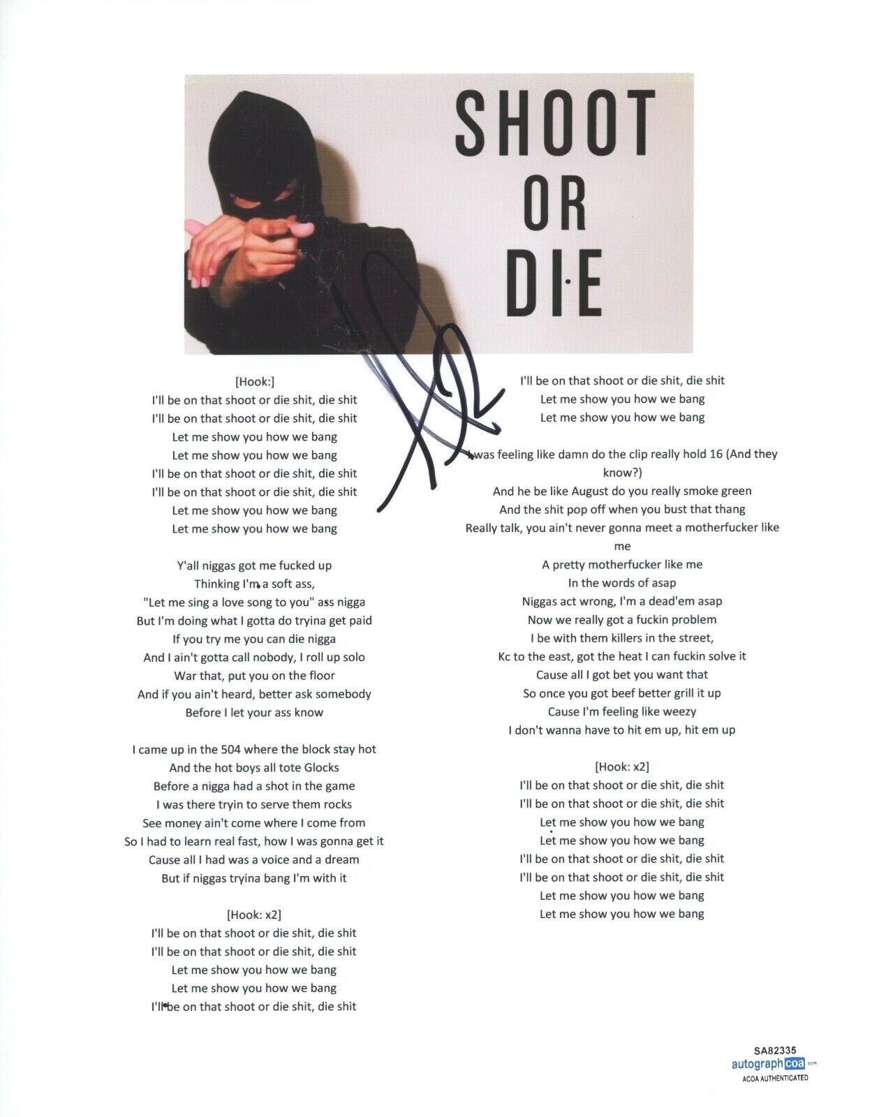 AUGUST ALSINA SIGNED AUTOGRAPHED SHOOT OR DIE SONG LYRIC SHEET RAPPER ACOA COA COLLECTIBLE MEMORABILIA