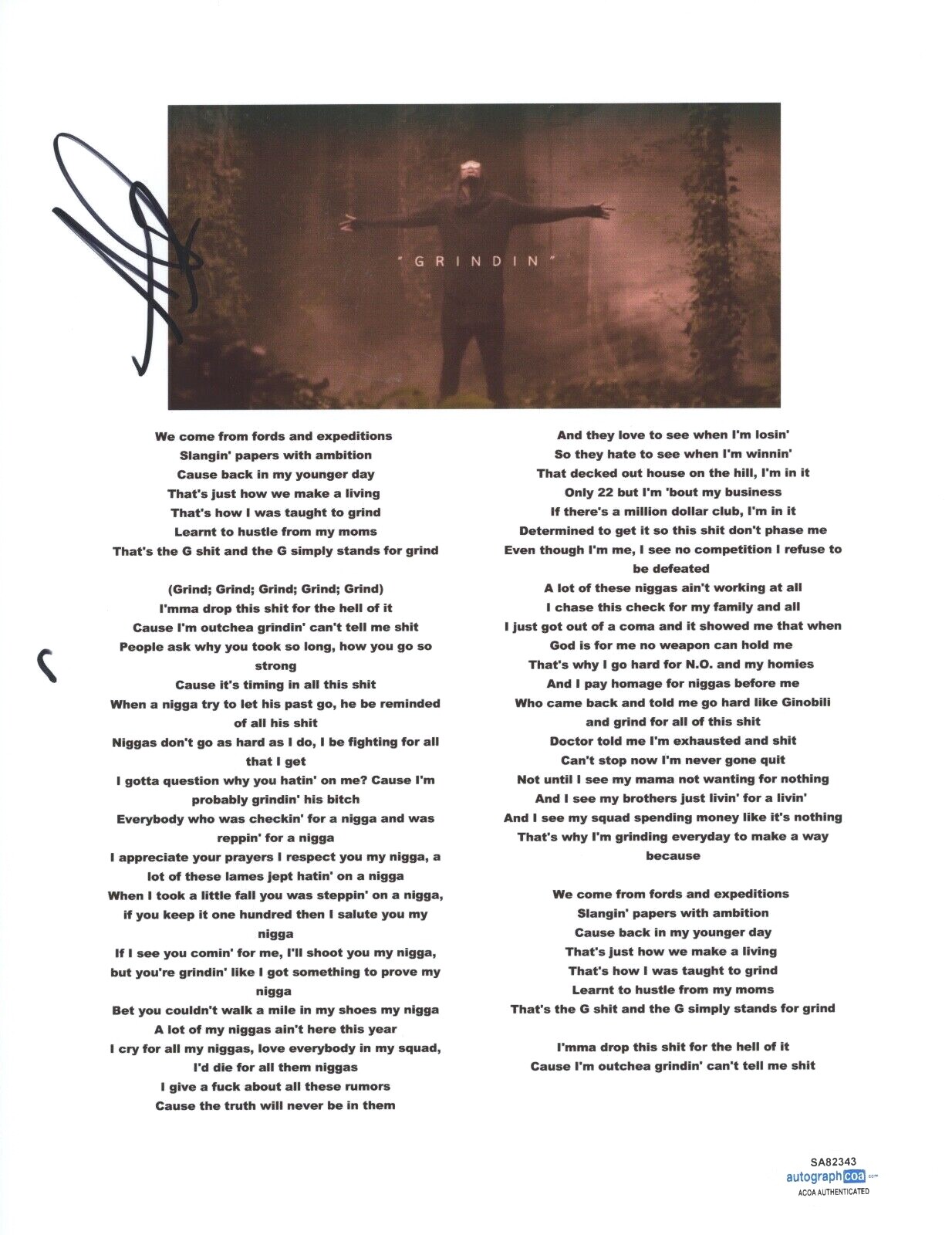 August Alsina Signed Autographed Grindin Song Lyric Sheet Rapper ACOA COA