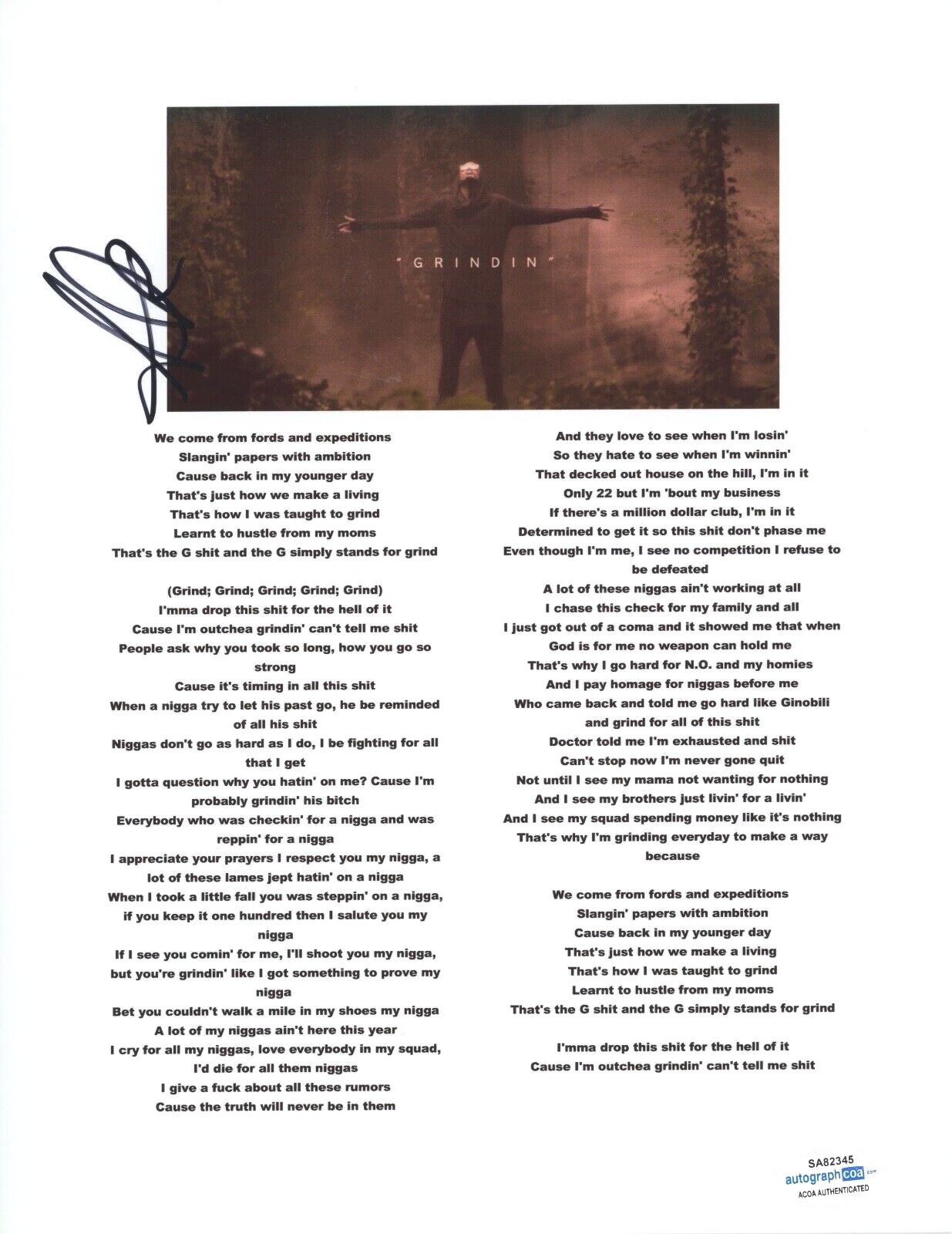 AUGUST ALSINA SIGNED AUTOGRAPHED GRINDIN SONG LYRIC SHEET RAPPER ACOA COA COLLECTIBLE MEMORABILIA