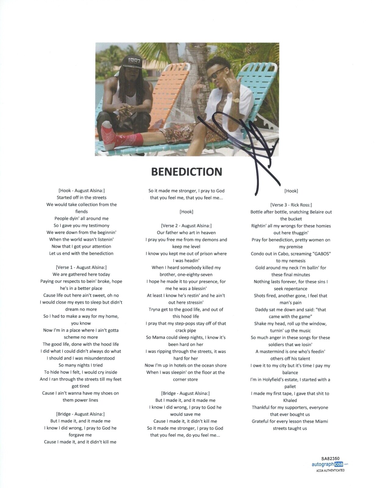 AUGUST ALSINA SIGNED AUTOGRAPHED BENEDICTION SONG LYRIC SHEET RAPPER ACOA COA COLLECTIBLE MEMORABILIA