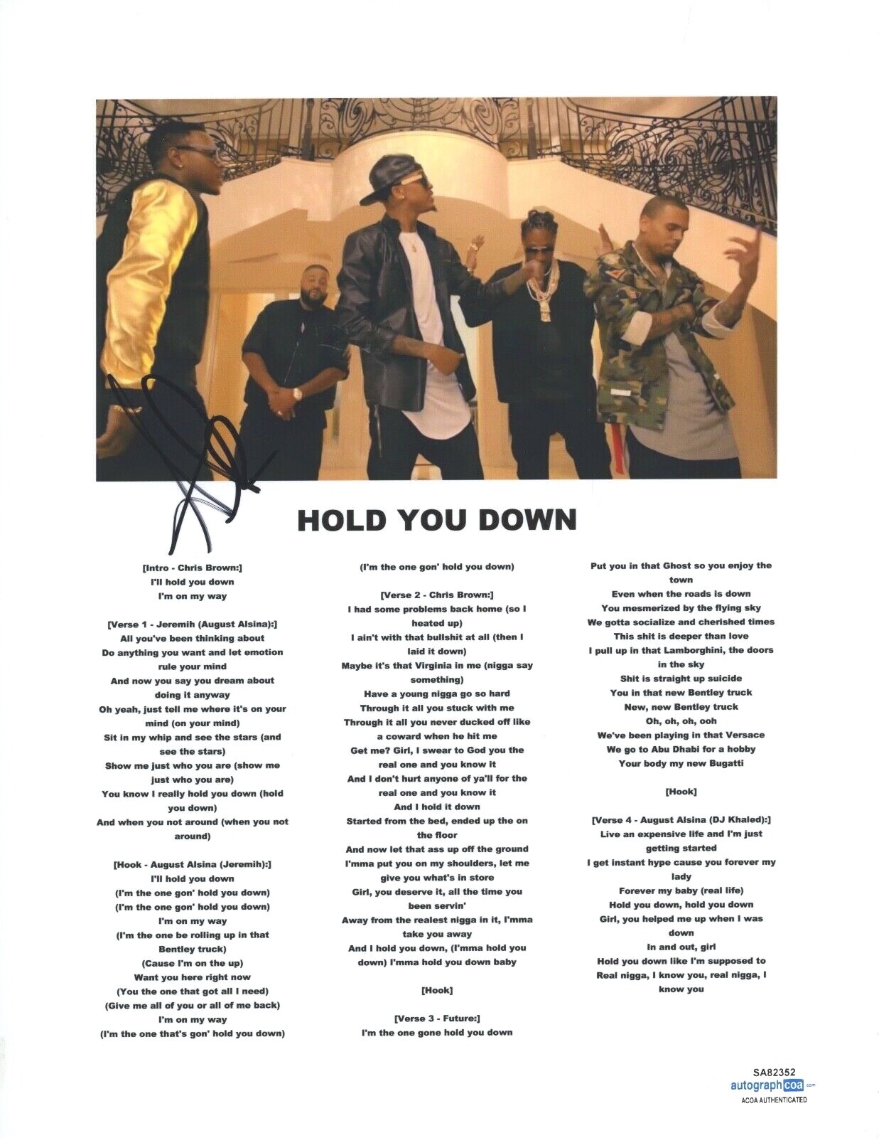 AUGUST ALSINA SIGNED AUTOGRAPHED HOLD YOU DOWN SONG LYRIC SHEET RAPPER ACOA COA COLLECTIBLE MEMORABILIA