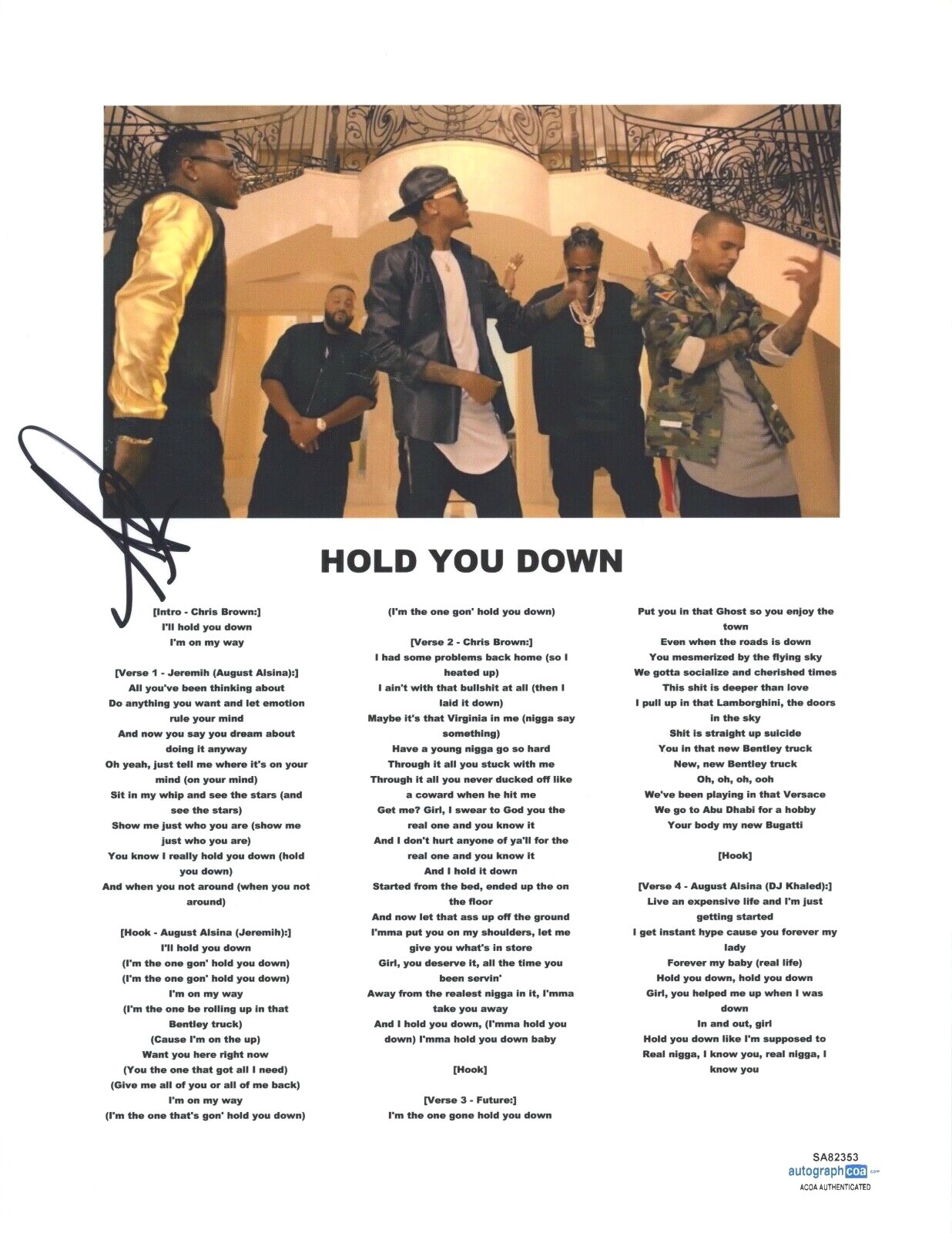 AUGUST ALSINA SIGNED AUTOGRAPHED HOLD YOU DOWN SONG LYRIC SHEET RAPPER ACOA COA COLLECTIBLE MEMORABILIA