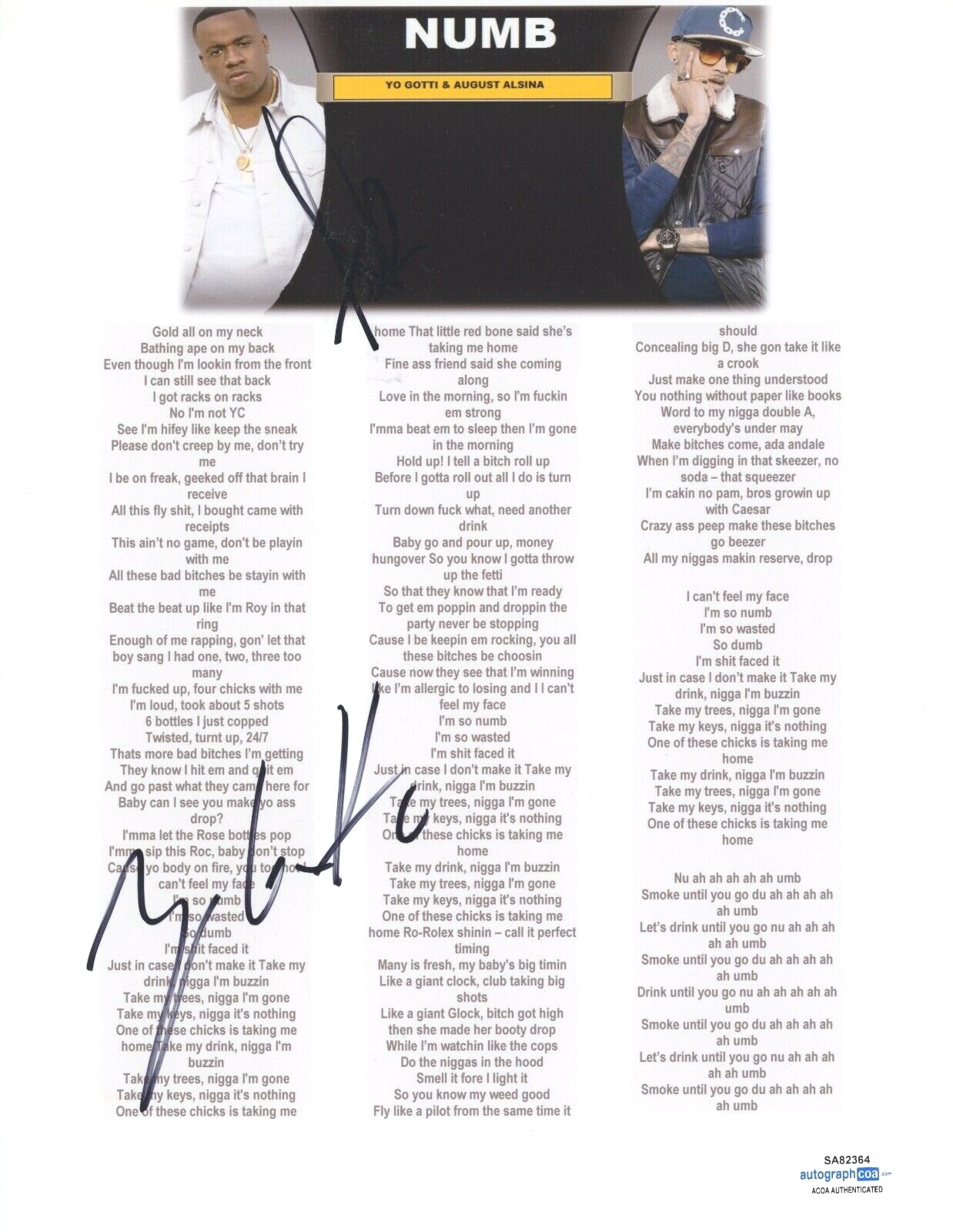 AUGUST ALSINA & YO GOTTI SIGNED AUTOGRAPH NUMB SONG LYRIC SHEET HIP HOP ACOA COA COLLECTIBLE MEMORABILIA
