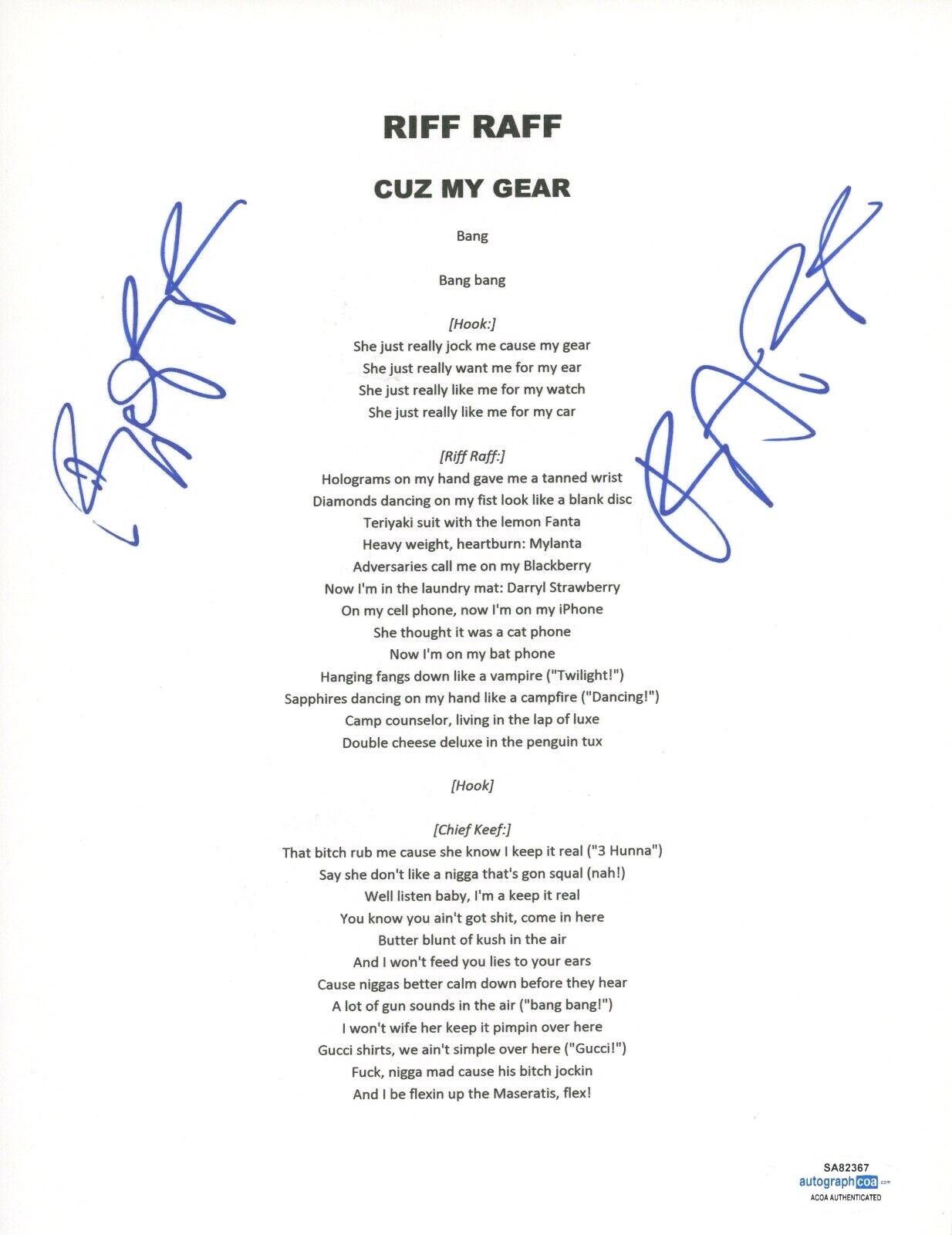 Riff Raff Signed Autograph Cuz My Gear Song Lyric Sheet Rapper Hip Hop ACOA COA