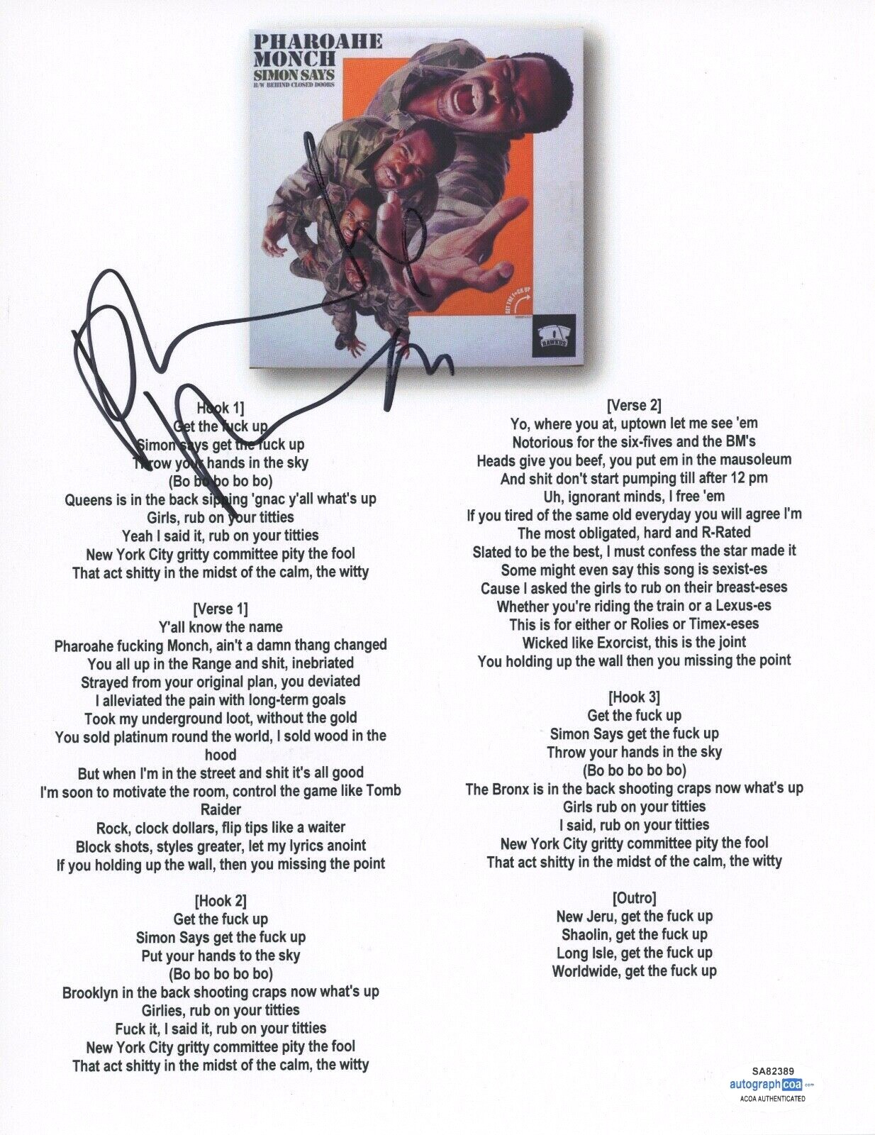 PHAROAHE MONCH SIGNED AUTOGRAPHED SIMON SAYS LYRIC SHEET RAPPER HIP HOP ACOA COA COLLECTIBLE MEMORABILIA