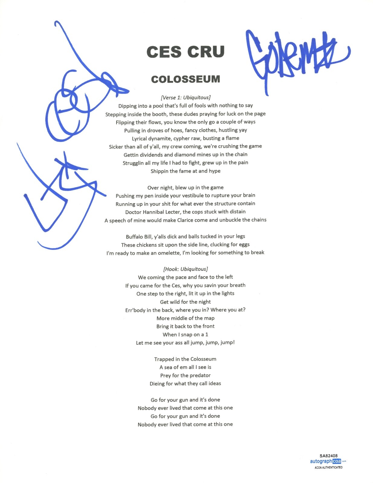 Ces Cru Signed Colosseum Song Lyric Sheet Hip Hop Godemis Ubiquitous ACOA COA