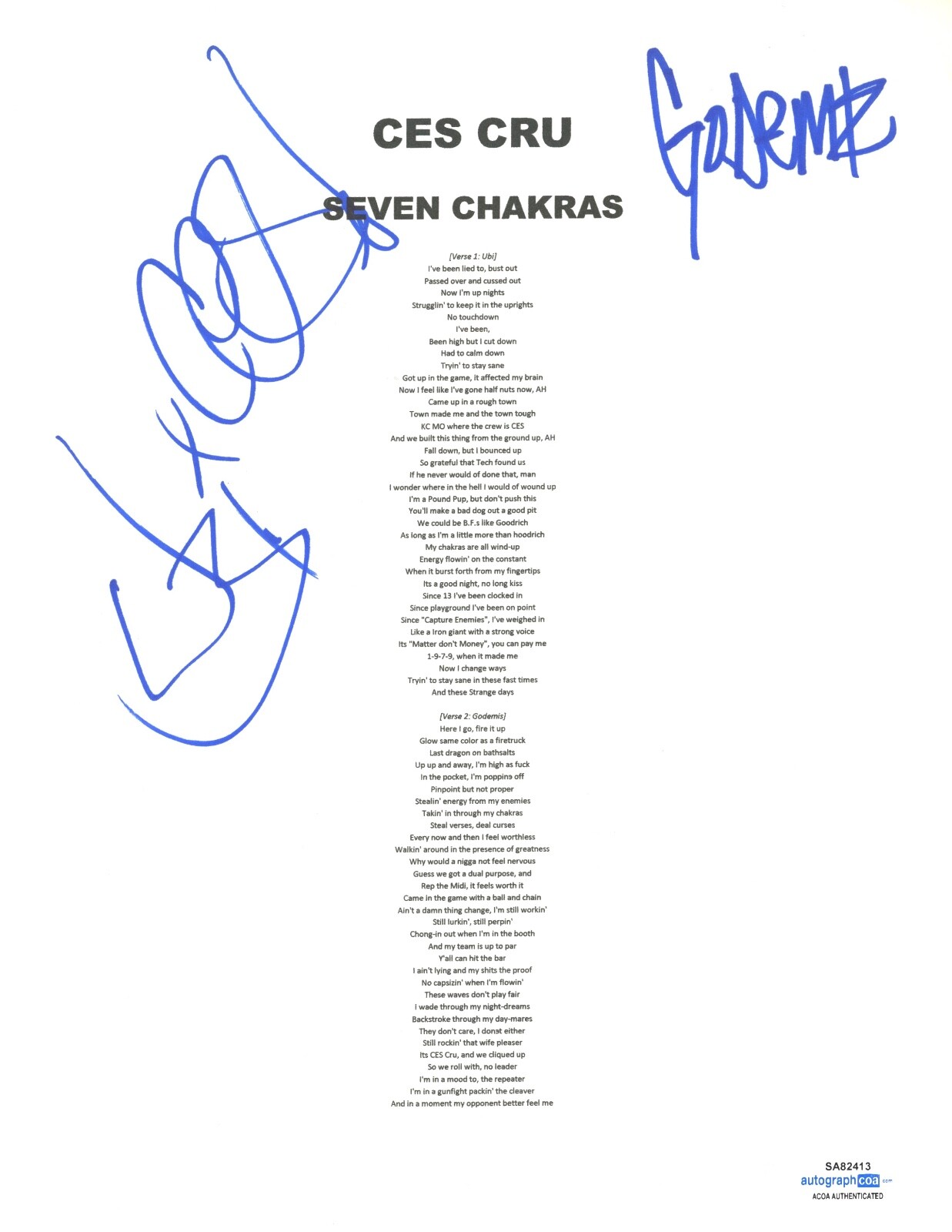 CES CRU SIGNED AUTOGRAPHED SEVEN CHAKRAS LYRIC SHEET HIP HOP RAPPER ACOA COA COLLECTIBLE MEMORABILIA