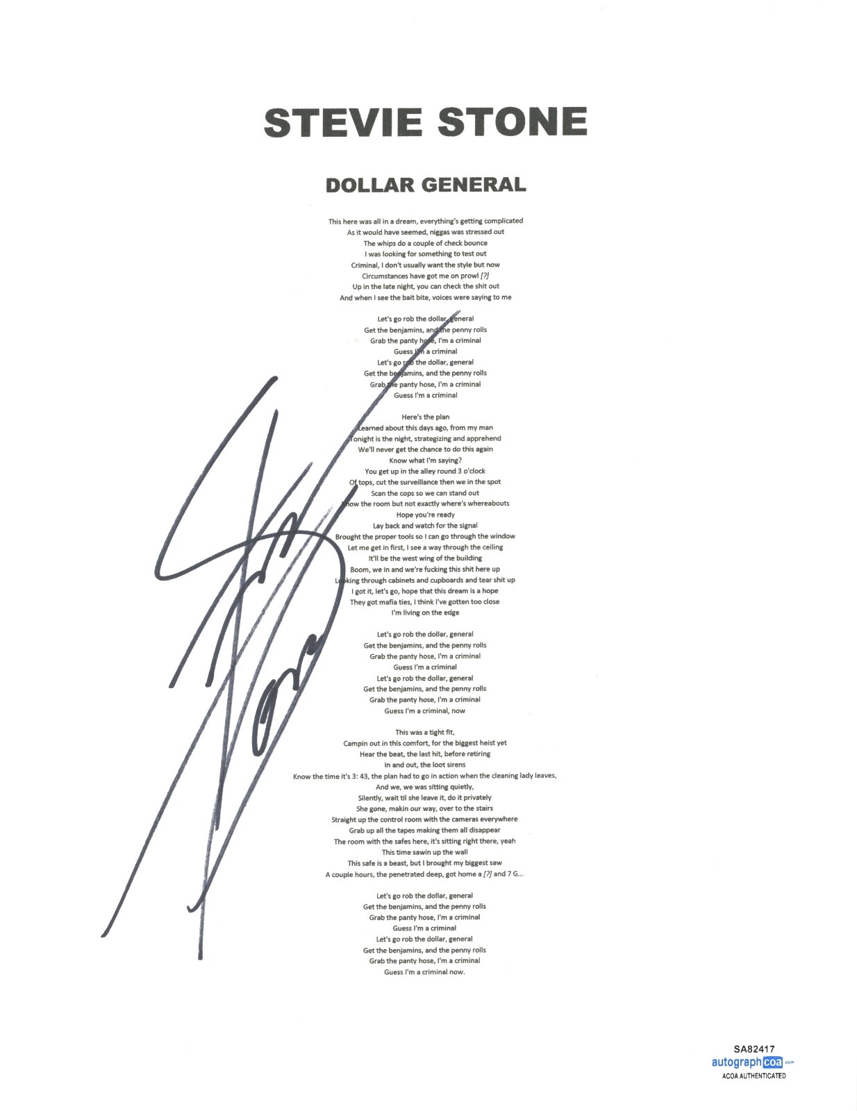 STEVIE STONE SIGNED AUTOGRAPH DOLLAR GENERAL LYRIC SHEET HIP HOP RAPPER ACOA COA COLLECTIBLE MEMORABILIA