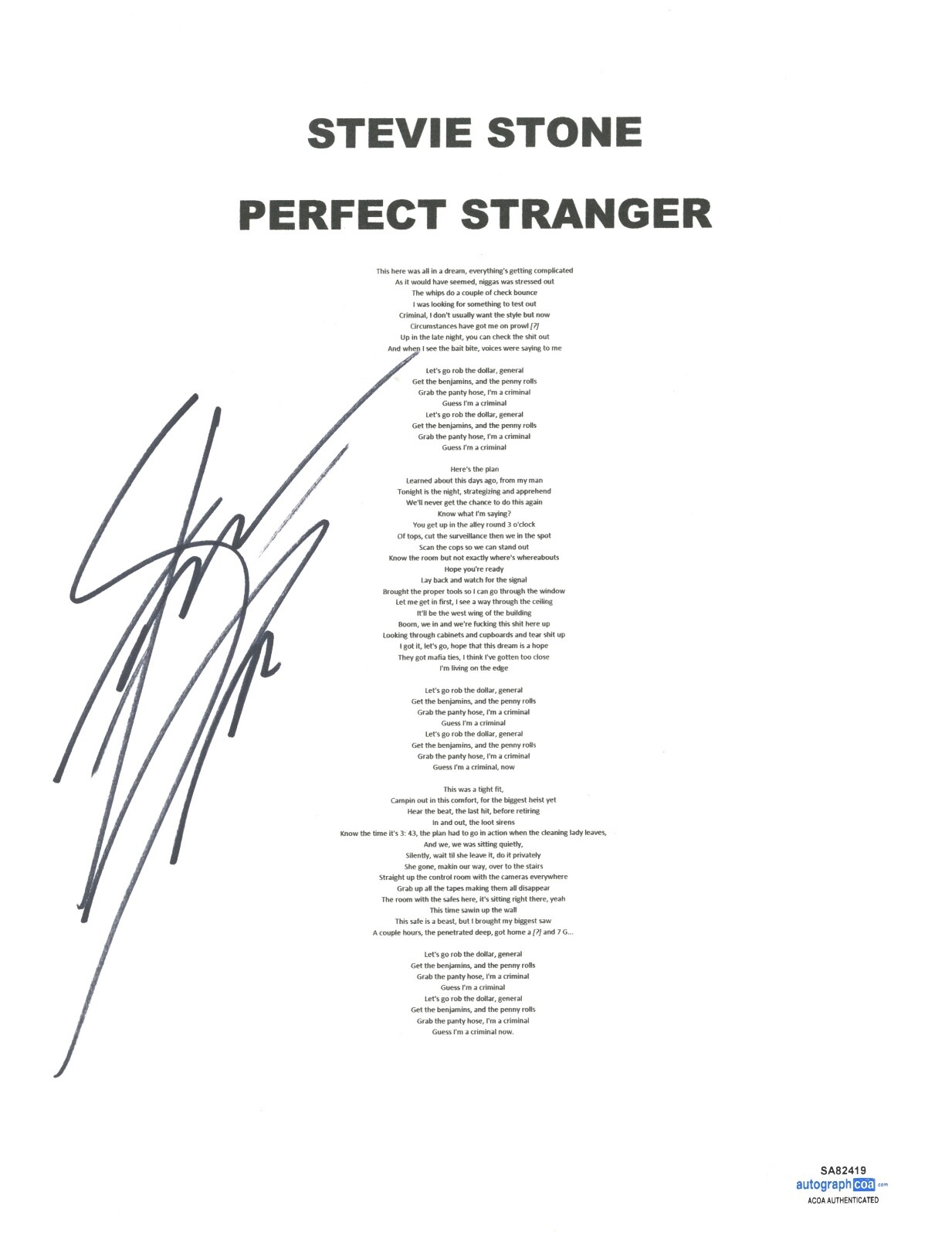 STEVIE STONE SIGNED AUTOGRAPH PERFECT STRANGER SONG LYRIC SHEET RAPPER ACOA COA COLLECTIBLE MEMORABILIA