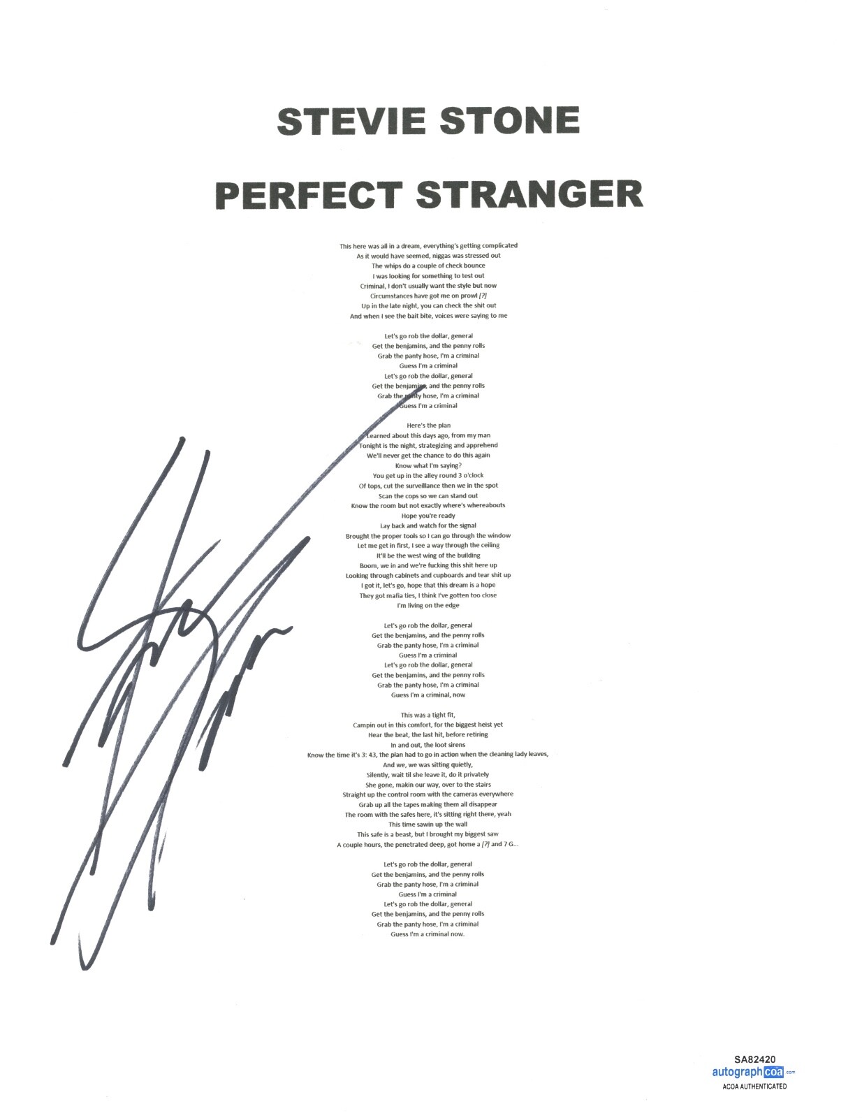 STEVIE STONE SIGNED AUTOGRAPH PERFECT STRANGER SONG LYRIC SHEET RAPPER ACOA COA COLLECTIBLE MEMORABILIA