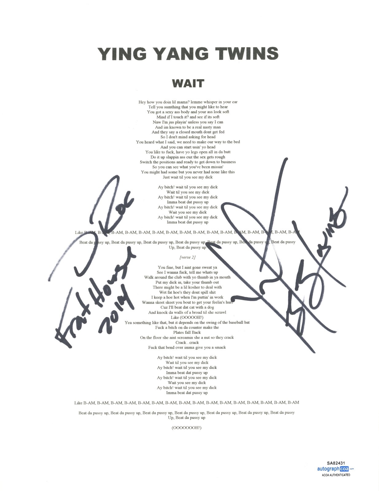 YING YANG TWINS SIGNED AUTOGRAPH WAIT SONG LYRIC SHEET HIP HOP RAPPERS ACOA COA COLLECTIBLE MEMORABILIA