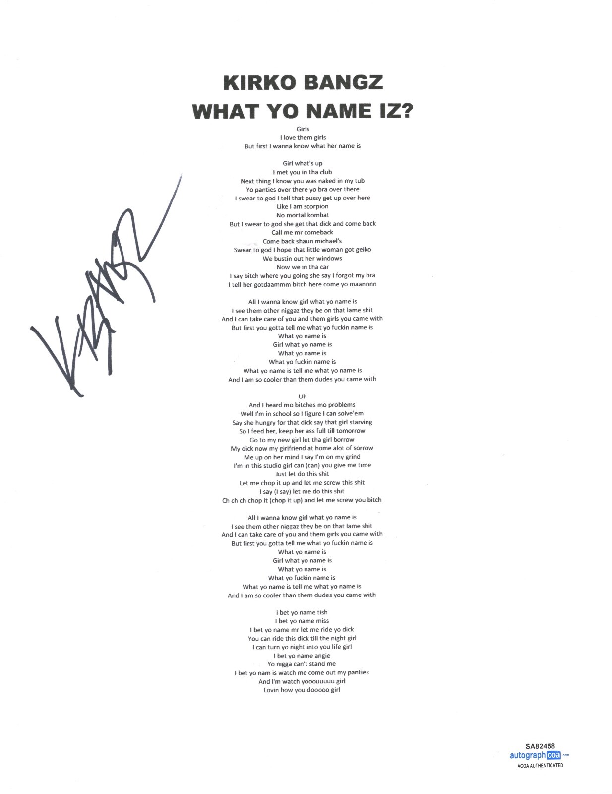 Kirko Bangz Signed Autograph What Yo Name Iz Lyric Sheet Rapper Hip Hop ACOA COA