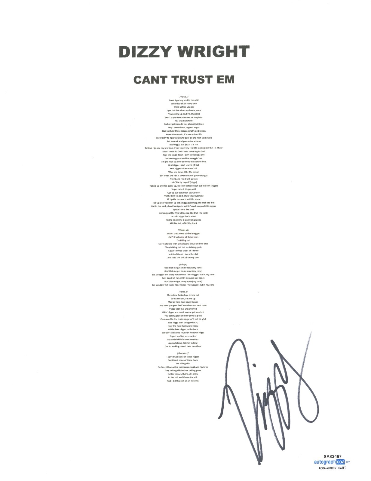 DIZZY WRIGHT SIGNED AUTOGRAPH CAN’T TRUST EM LYRIC SHEET RAPPER HIP HOP ACOA COA COLLECTIBLE MEMORABILIA