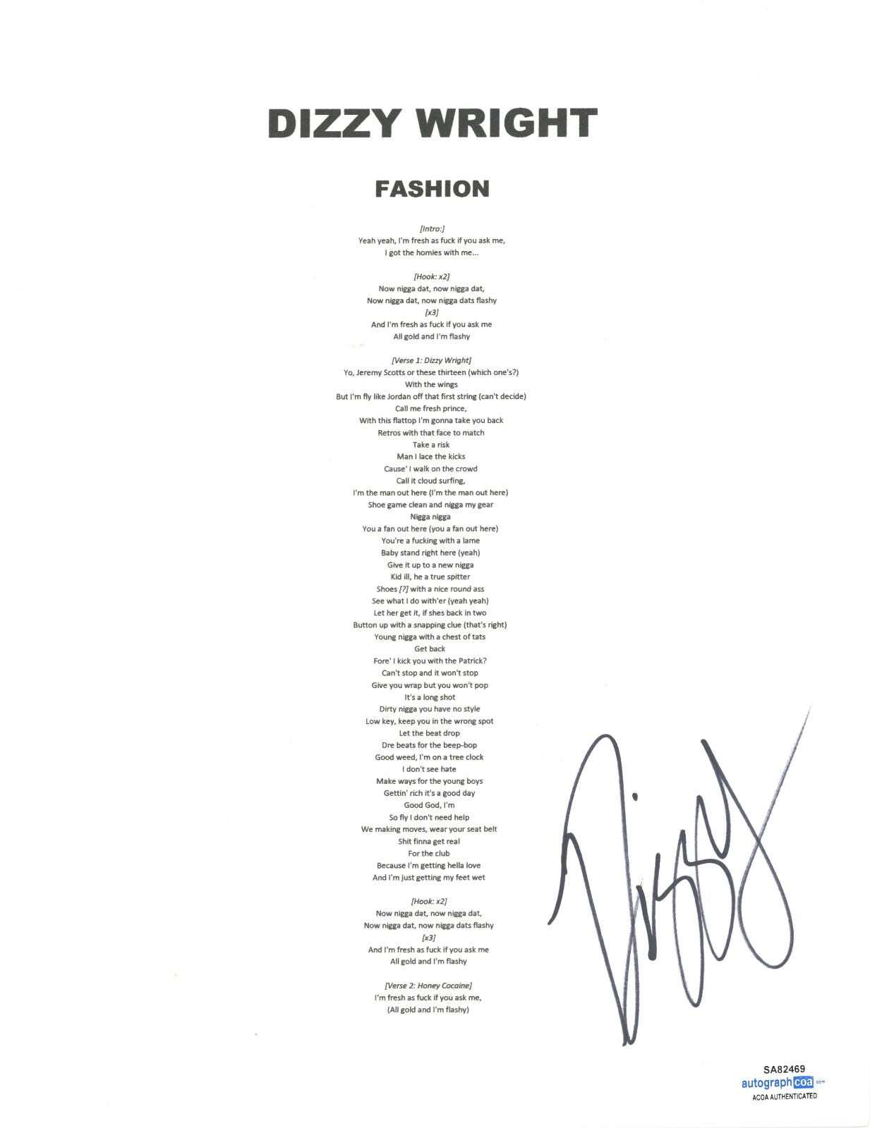 DIZZY WRIGHT SIGNED AUTOGRAPHED FASHION LYRIC SHEET RAP HIP HOP KID INK ACOA COA COLLECTIBLE MEMORABILIA