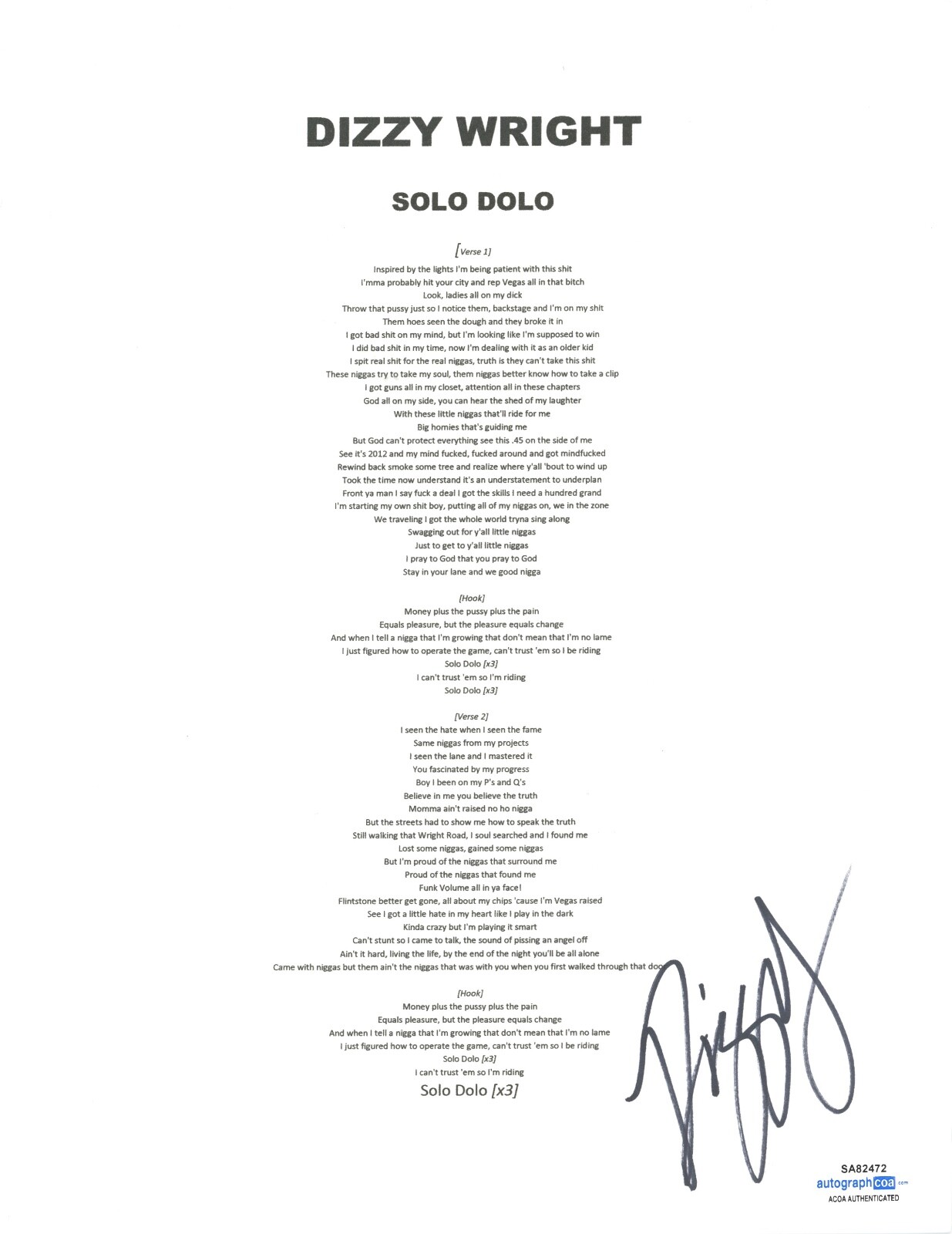 Dizzy Wright Signed Autographed Solo Dolo Lyric Sheet Rapper Hip Hop ACOA COA