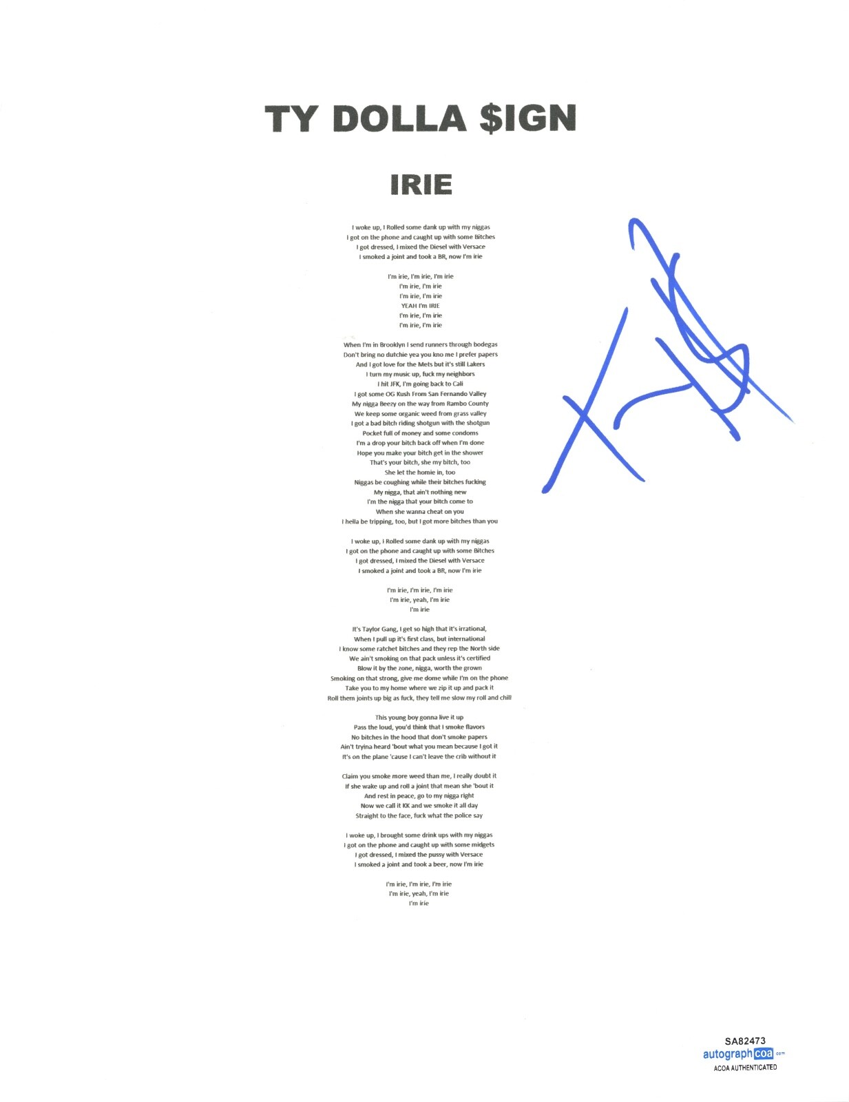 TY DOLLA SIGN $IGN SIGNED AUTOGRAPH IRIE LYRIC SHEET RAPPER WIZ KHALIFA ACOA COA COLLECTIBLE MEMORABILIA