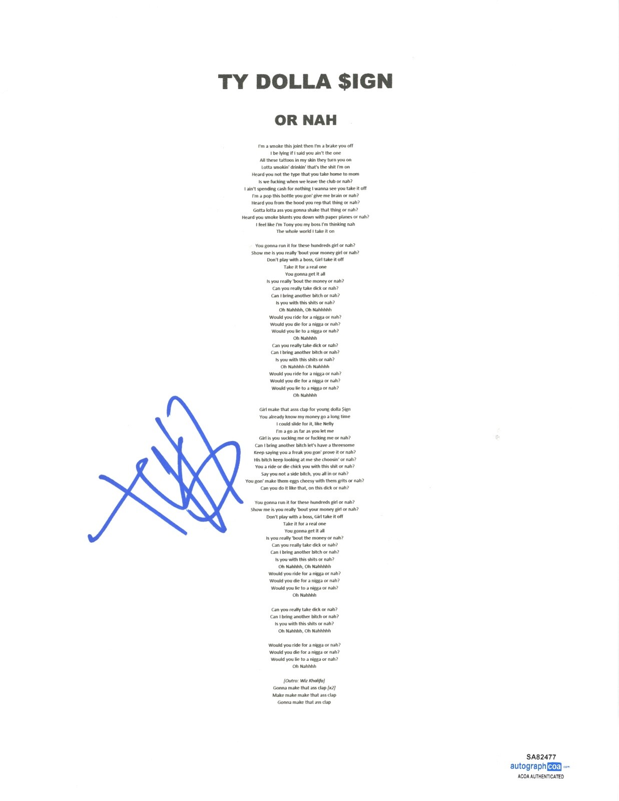 Ty Dolla Sign $ign Signed Or Nah Lyric Sheet Wiz Khalifa The Weeknd ACOA COA