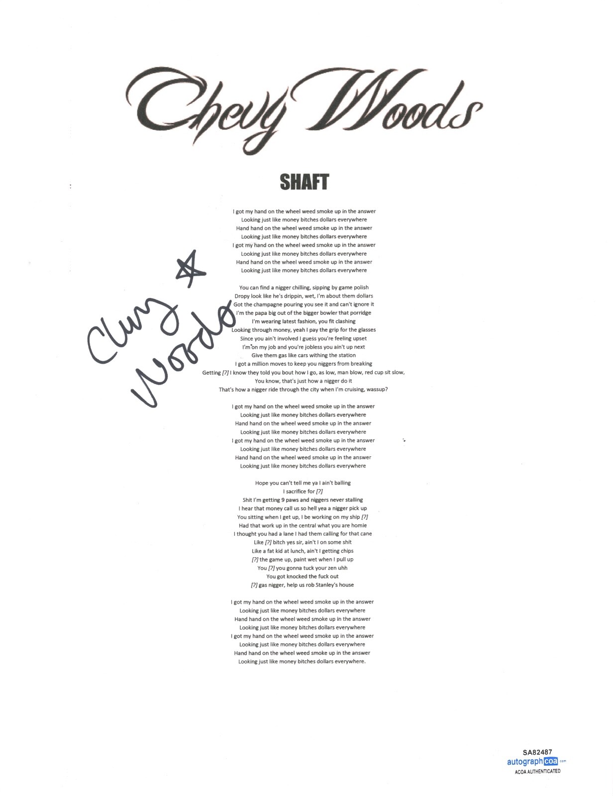 CHEVY WOODS SIGNED AUTOGRAPH SHAFT SONG LYRIC SHEET RAPPER TAYLOR GANG ACOA COA COLLECTIBLE MEMORABILIA