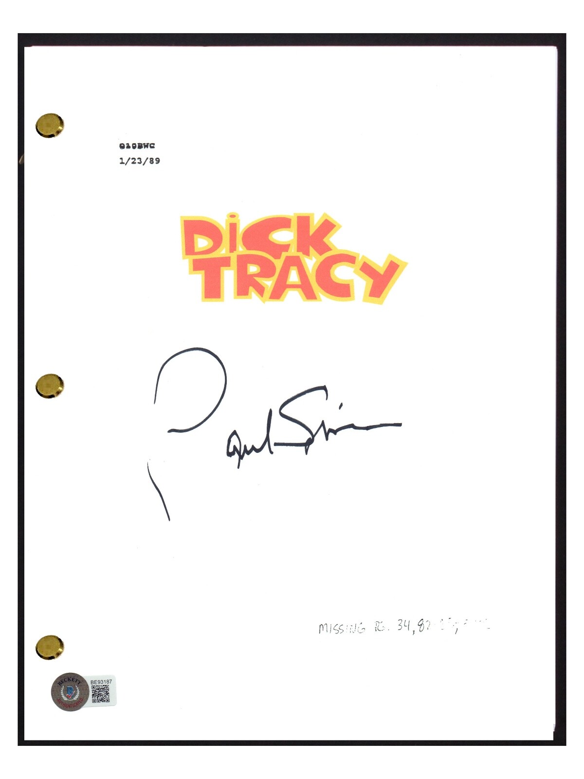 Paul Sorvino Signed Autographed Dick Tracy Movie Script Screenplay Beckett COA