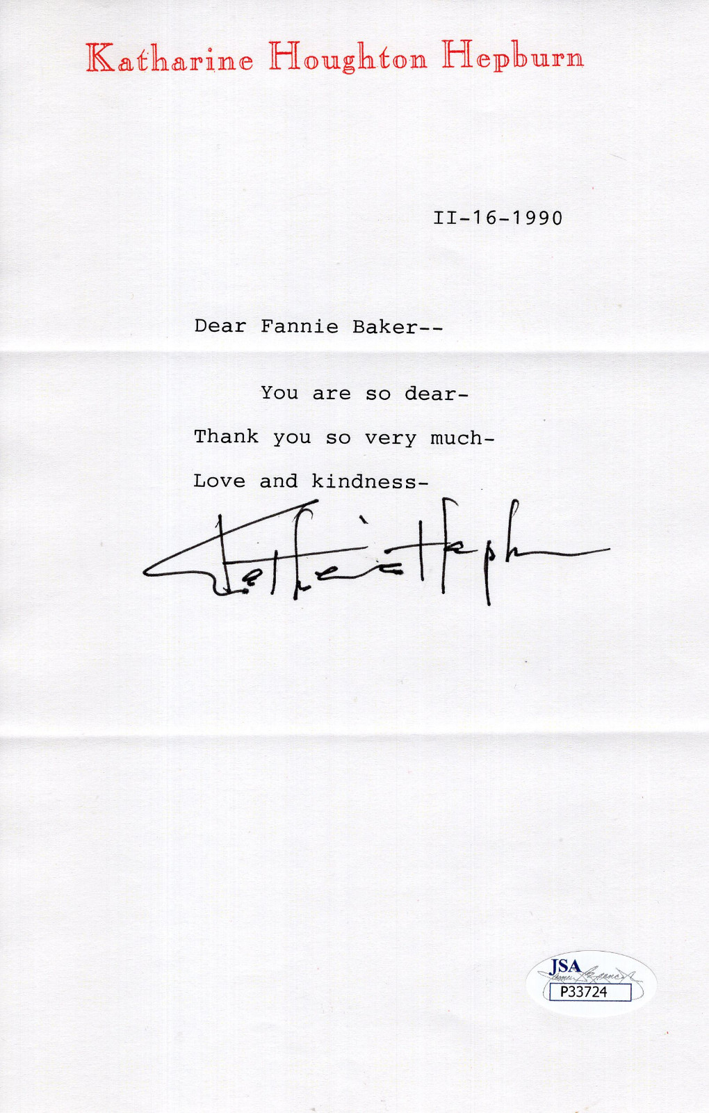 KATHARINE HEPBURN HAND SIGNED LETTER ON LETTERHEAD LOVE+KINDNESS JSA