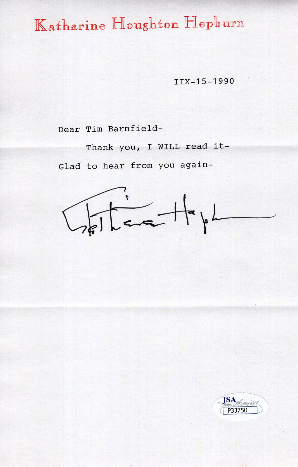 KATHARINE HEPBURN HAND SIGNED LETTER ON LETTERHEAD 1990 I WILL READ IT JSA