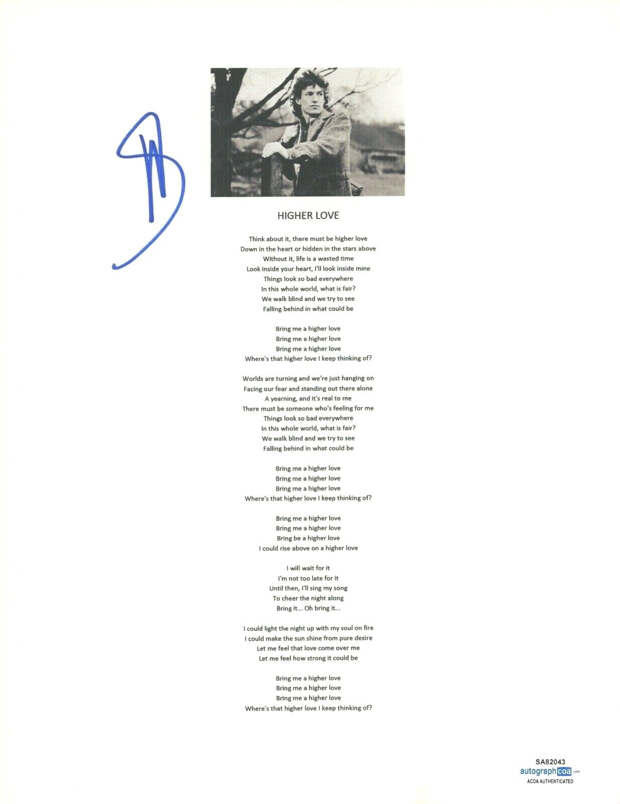 Steve Winwood Signed Autographed Higher Love Song Lyric Sheet ACOA COA