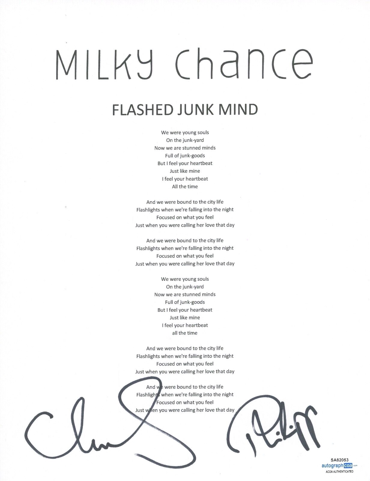 MILKY CHANCE SIGNED AUTOGRAPHED FLASHED JUNK MIND SONG LYRIC SHEET ACOA COA COLLECTIBLE MEMORABILIA
