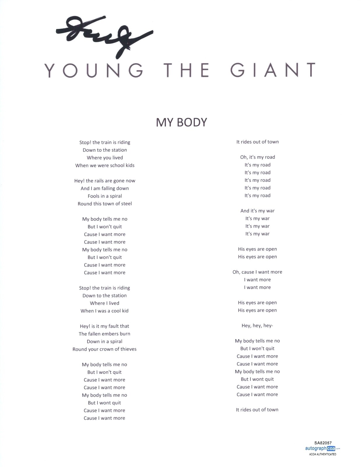 SAMEER GADHIA SIGNED AUTOGRAPH YOUNG THE GIANT MY BODY SONG LYRIC SHEET ACOA COA COLLECTIBLE MEMORABILIA