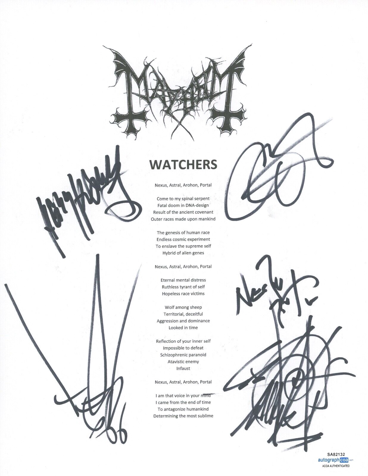 MAYHEM METAL BAND SIGNED WATCHERS SONG LYRIC SHEET ATTILA CSIHAR +4 ACOA COA COLLECTIBLE MEMORABILIA
