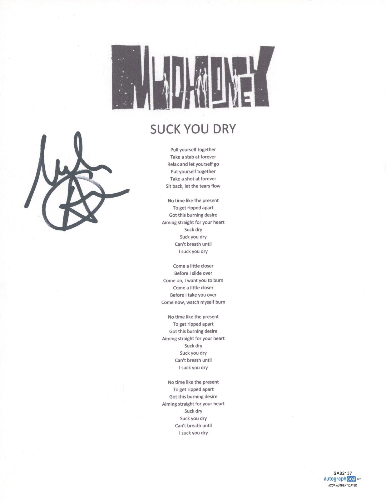 Mark Arm Signed Autographed Mudhoney Suck You Dry Song Lyric Sheet ACOA COA