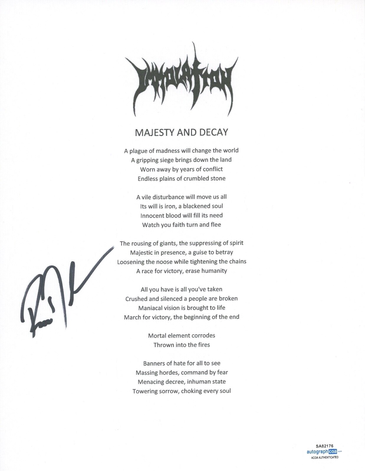 Ross Dolan Signed Autographed Immolation Majesty and Decay Lyric Sheet ACOA COA