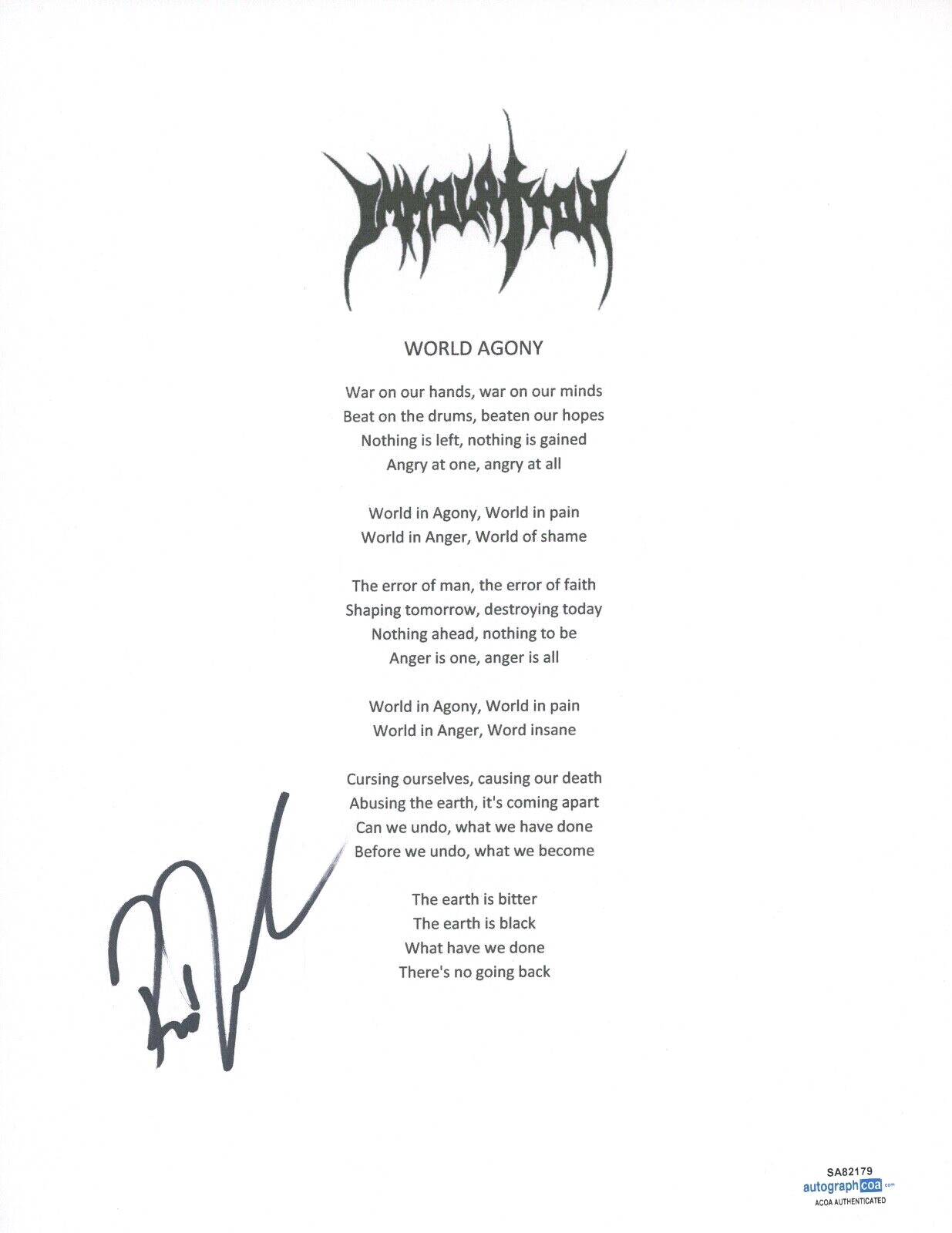 ROSS DOLAN SIGNED AUTOGRAPHED IMMOLATION WORLD AGONY LYRIC SHEET ACOA COA COLLECTIBLE MEMORABILIA