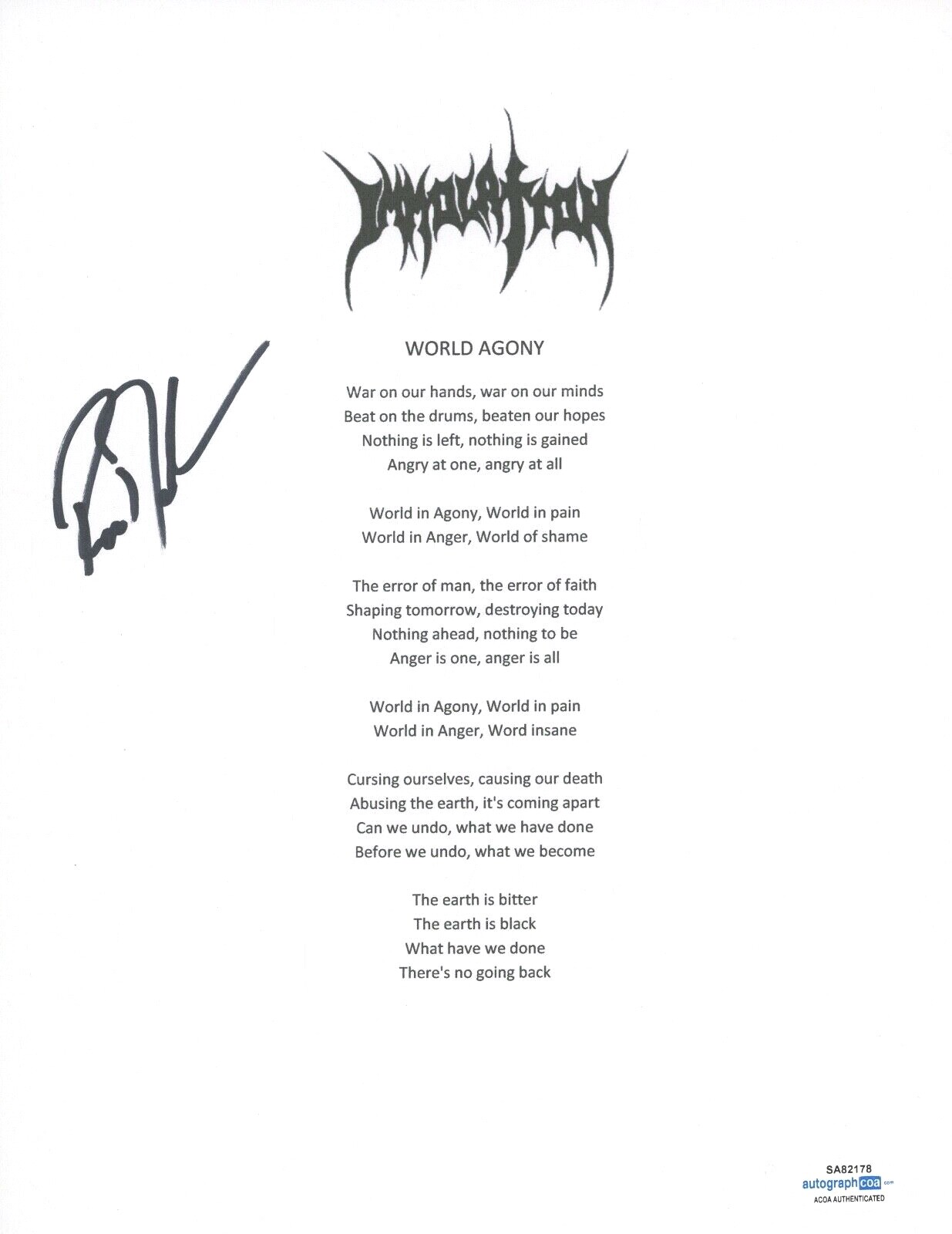 ROSS DOLAN SIGNED AUTOGRAPHED IMMOLATION WORLD AGONY LYRIC SHEET ACOA COA COLLECTIBLE MEMORABILIA