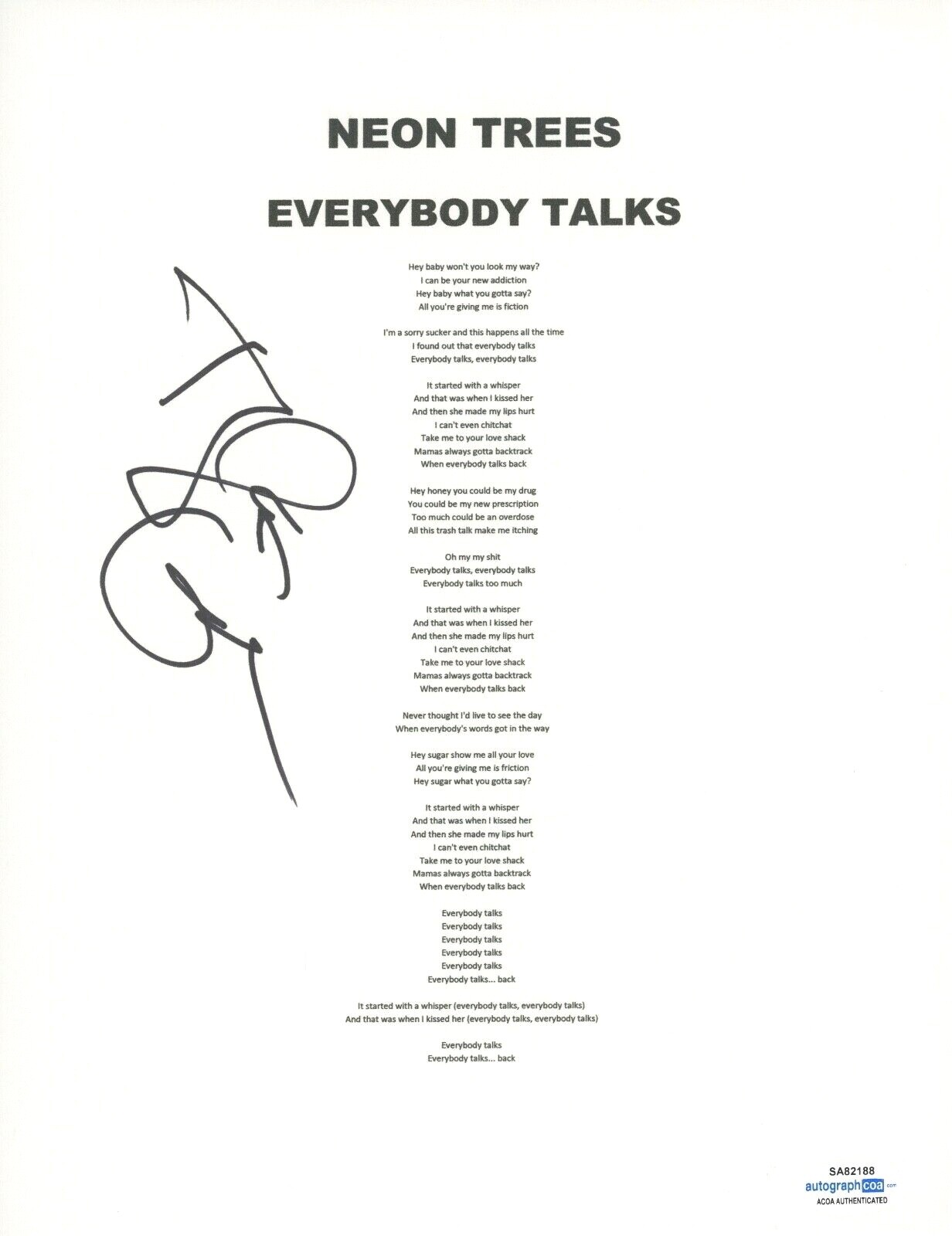 TYLER GLENN SIGNED AUTOGRAPHED NEON TREES EVERYBODY TALKS LYRIC SHEET ACOA COA COLLECTIBLE MEMORABILIA