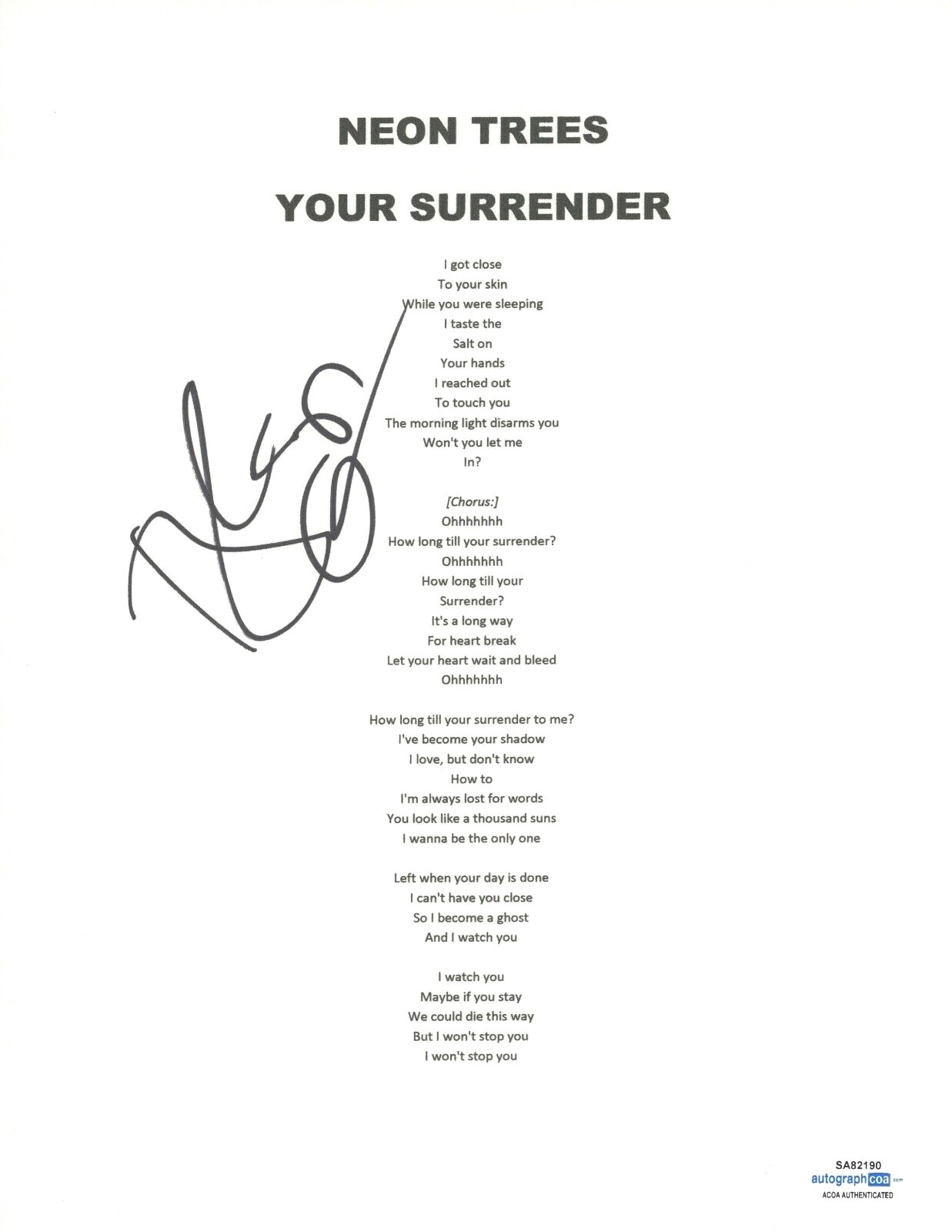 Tyler Glenn Signed Autographed Neon Trees Your Surrender Lyric Sheet ACOA COA