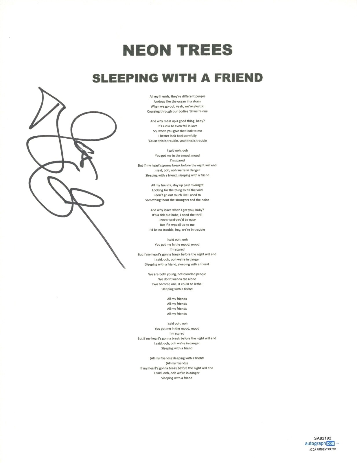 TYLER GLENN SIGNED NEON TREES SLEEPING WITH A FRIEND SONG LYRIC SHEET ACOA COA COLLECTIBLE MEMORABILIA