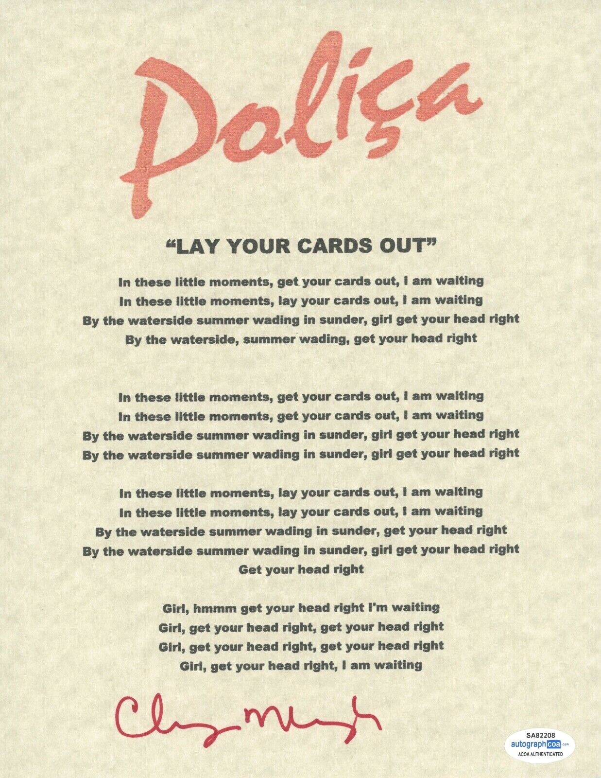 CHANNY LEANEAGH SIGNED AUTOGRAPH POLICA LAY YOUR CARDS OUT LYRIC SHEET ACOA COA COLLECTIBLE MEMORABILIA