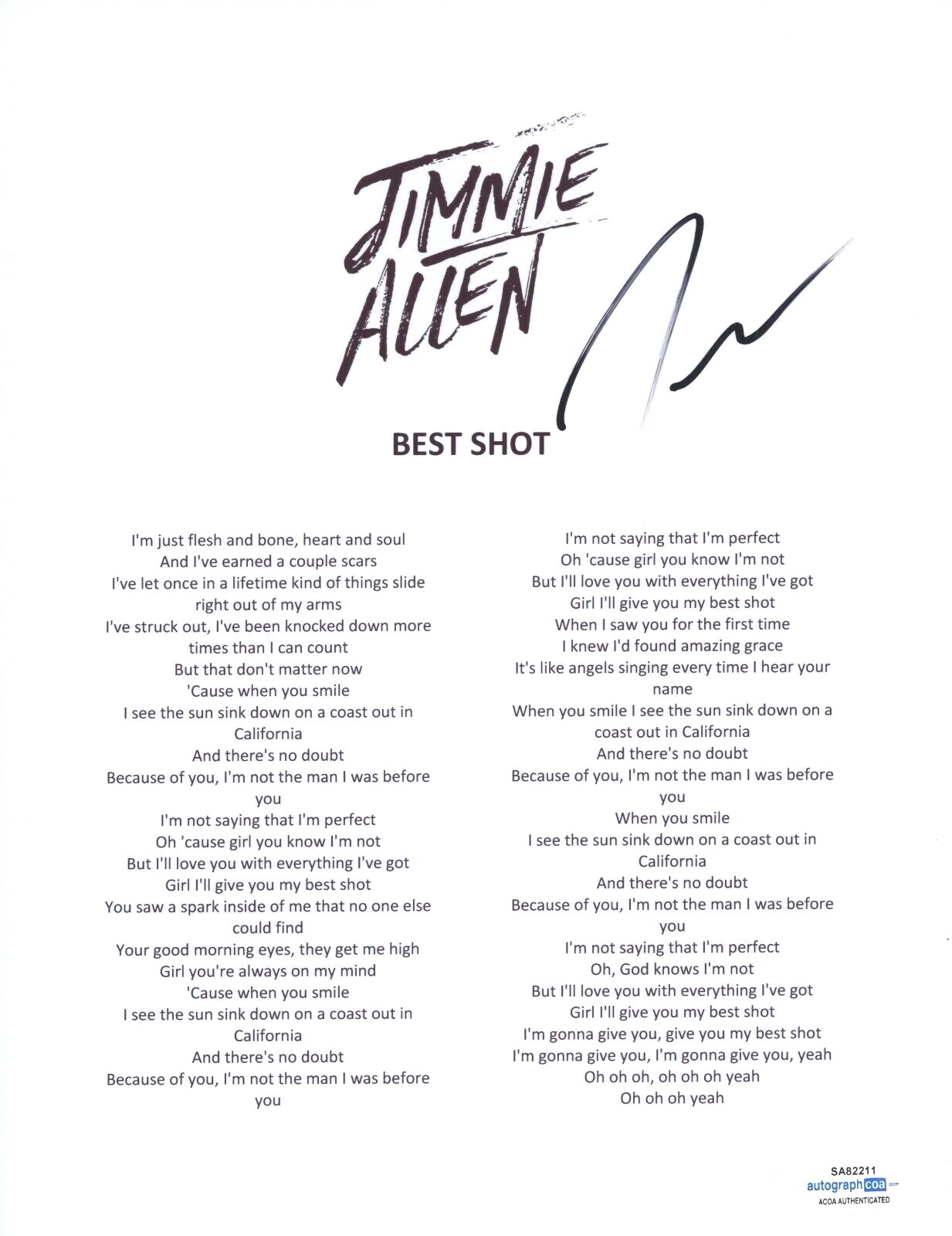Jimmie Allen Signed Autographed Best Shot Song Lyric Sheet Country Star ACOA COA